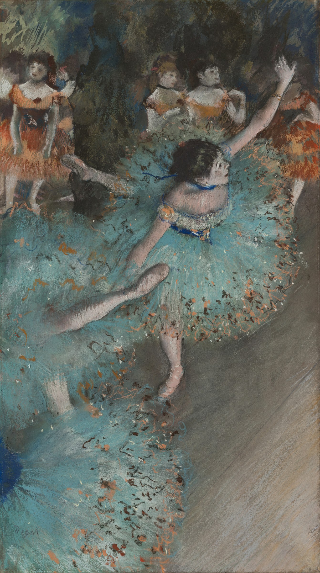 Six female ballet dancers in practice costumes scattered across a turquoise stage floor, some standing, one stretching backward, another crouched in foreground.