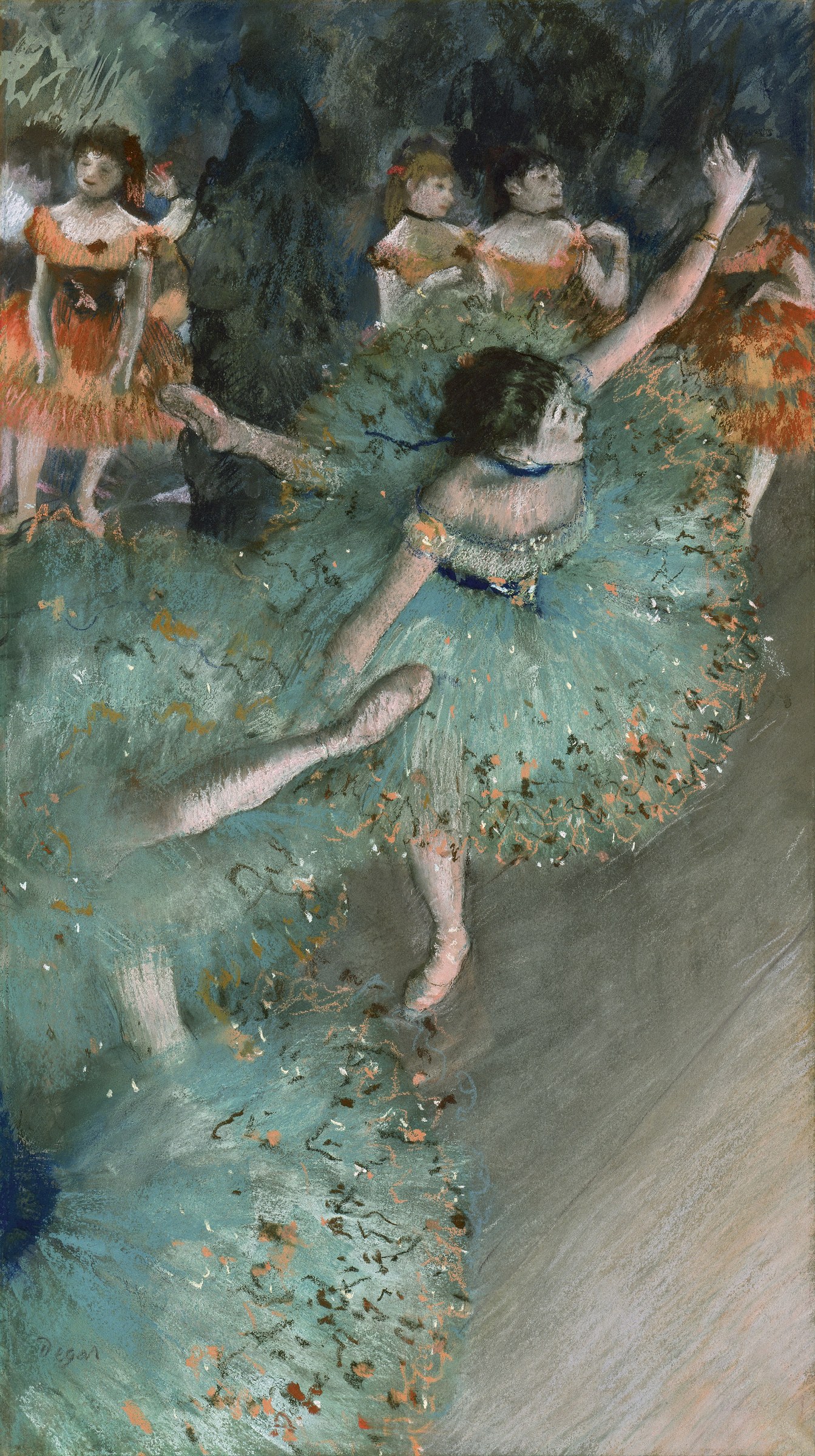 Five young women in peach tutus on a dark stage; the nearest dancer mid-pirouette with one leg extended and arms raised.