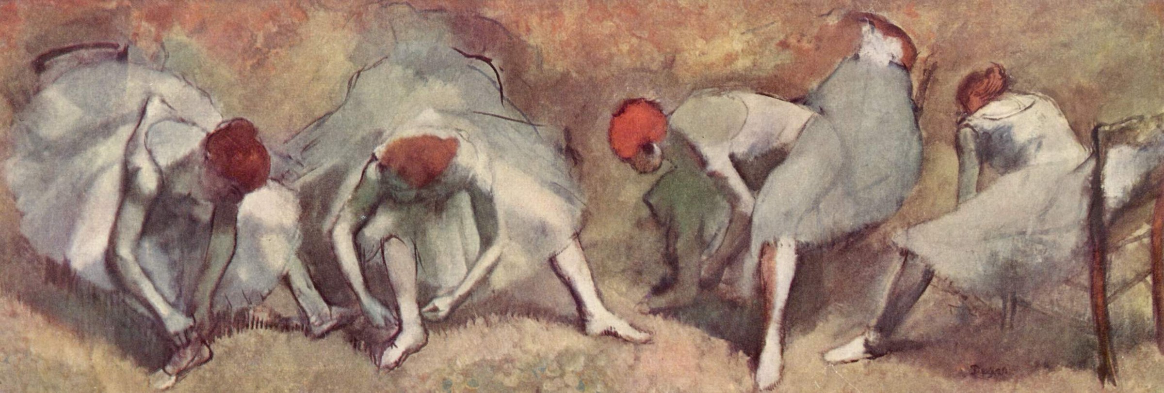 Five women in pale tunics bend and fold inward in varying poses, studied in muted oils against a warm, abstract background.