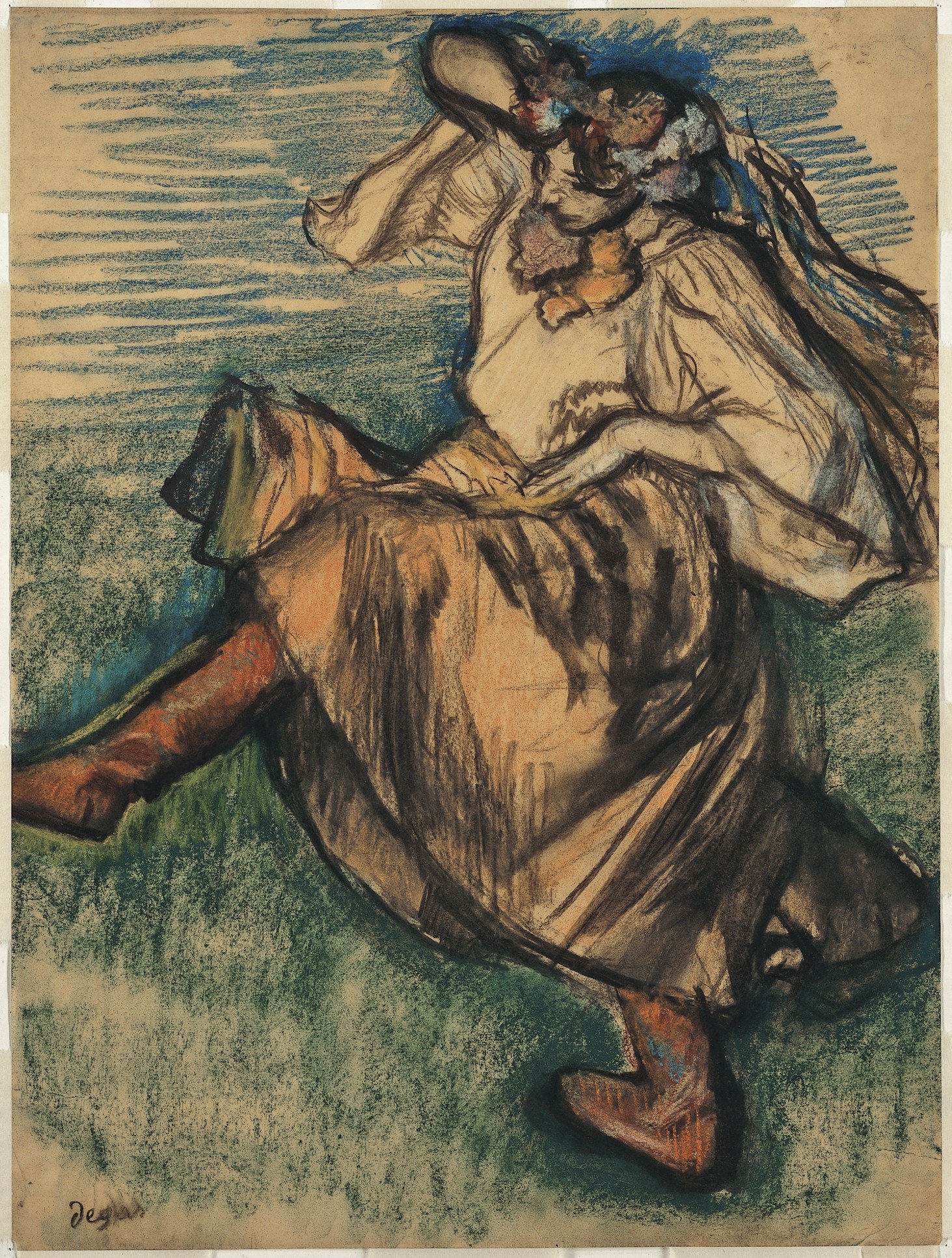 Female dancer in simple chemise and dark full skirt, twisting sharply backward with leg extended, head thrown back, against blue-green background.
