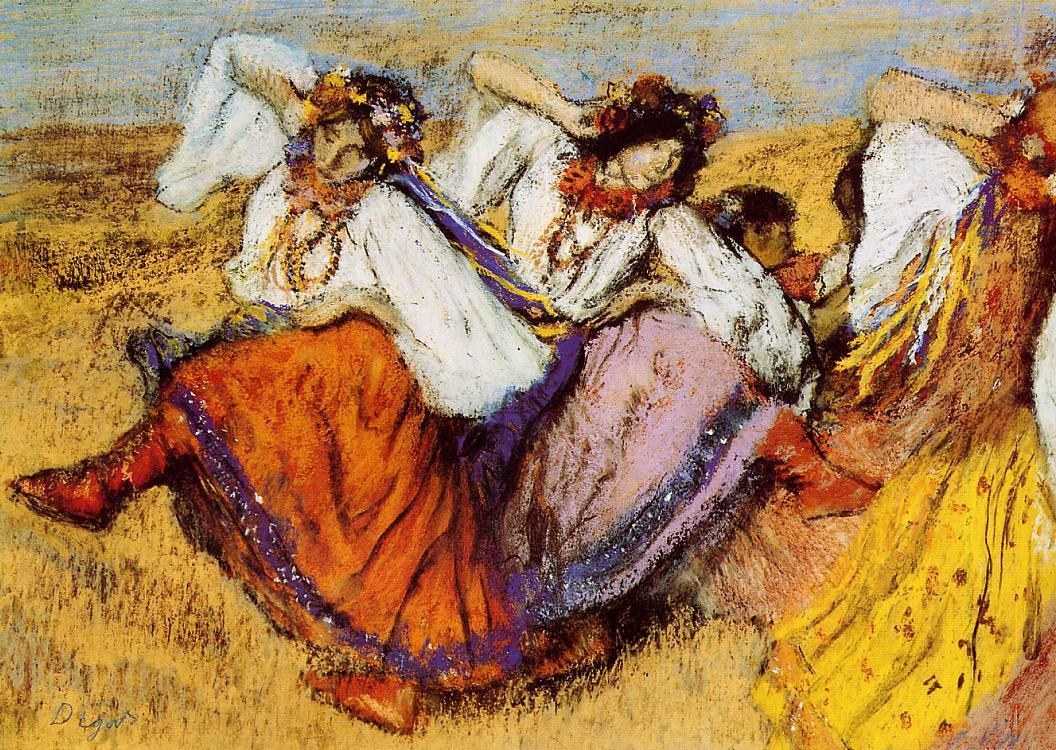 Three female dancers in white classical tunics with arms raised in varied poses, sketched in warm ochres and golds against a golden background.