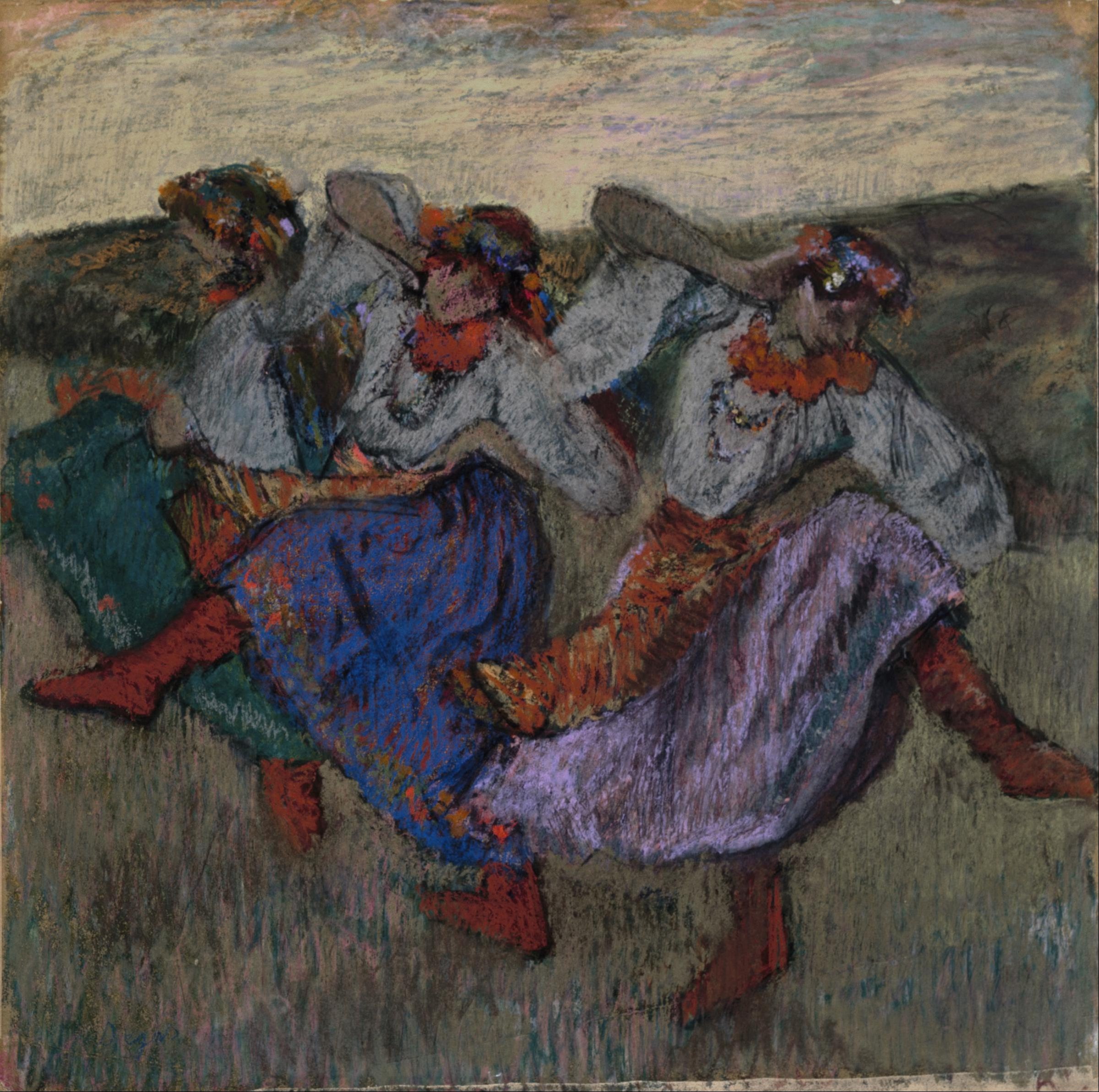 Three Russian women in folk costume with floral wreaths dance outdoors, arms raised, twisting and turning with exuberant gesture.
