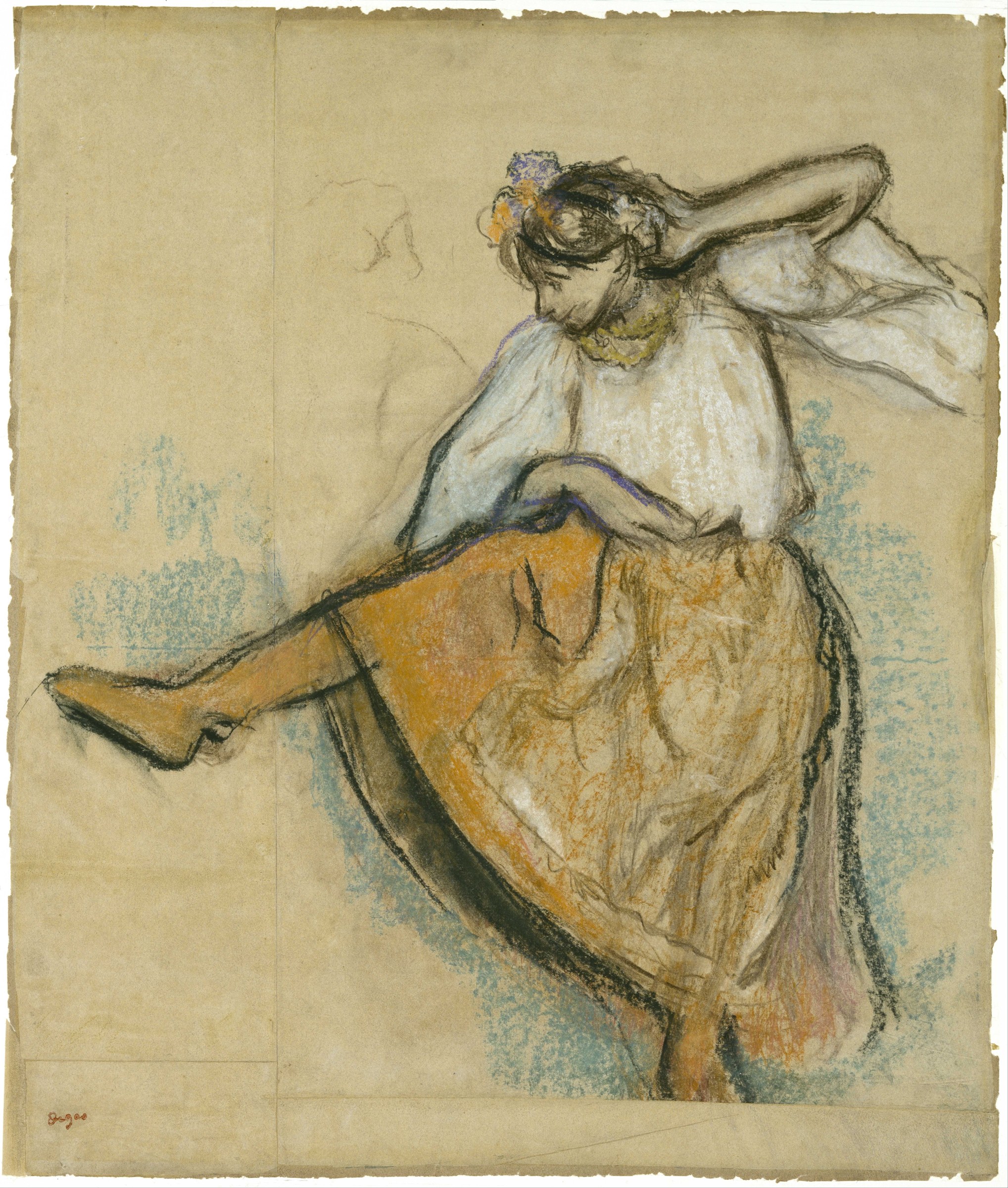 Charcoal sketch with pastel color of a female ballet dancer mid-turn, wearing a golden skirt and white blouse, her body twisted and dynamic.