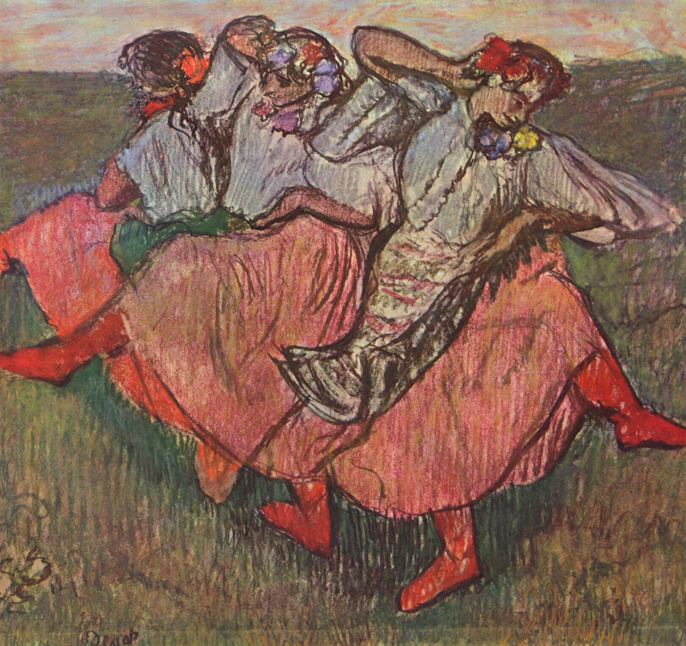 Four women in red skirts and white blouses with flower garlands dance together in an outdoor pastoral setting, their bodies closely grouped and swirling.