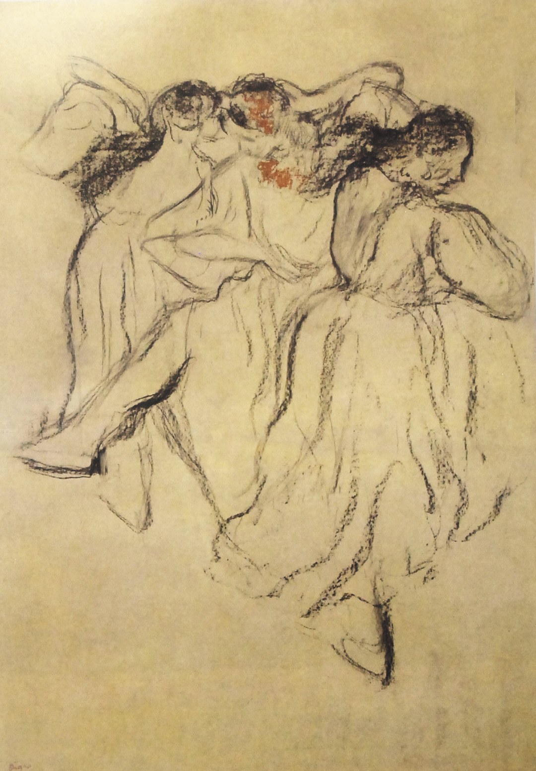 Three young women in light drapery lean close together in conversation, drawn with fine charcoal lines and touches of reddish-brown pigment on pale paper.