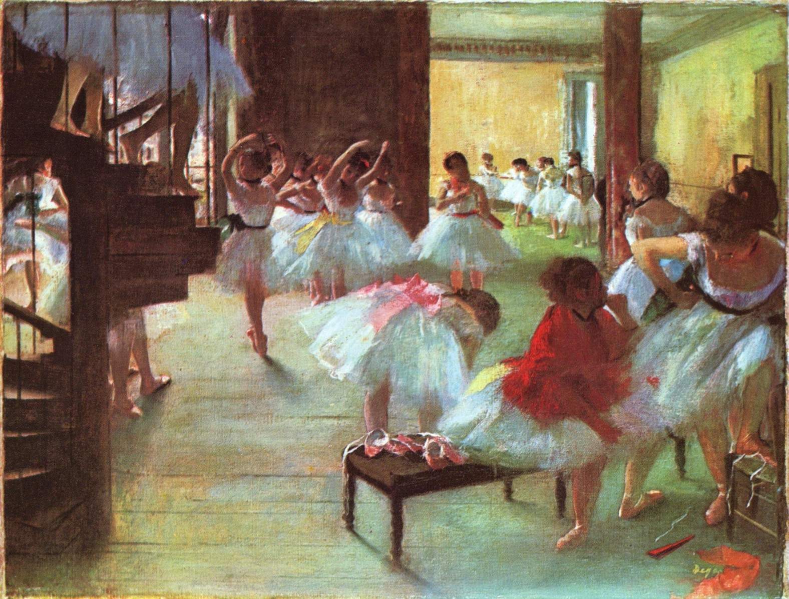 Ballet dancers in pale tutus practice in a sunlit studio while seated observers watch; oil painting with pillared interior