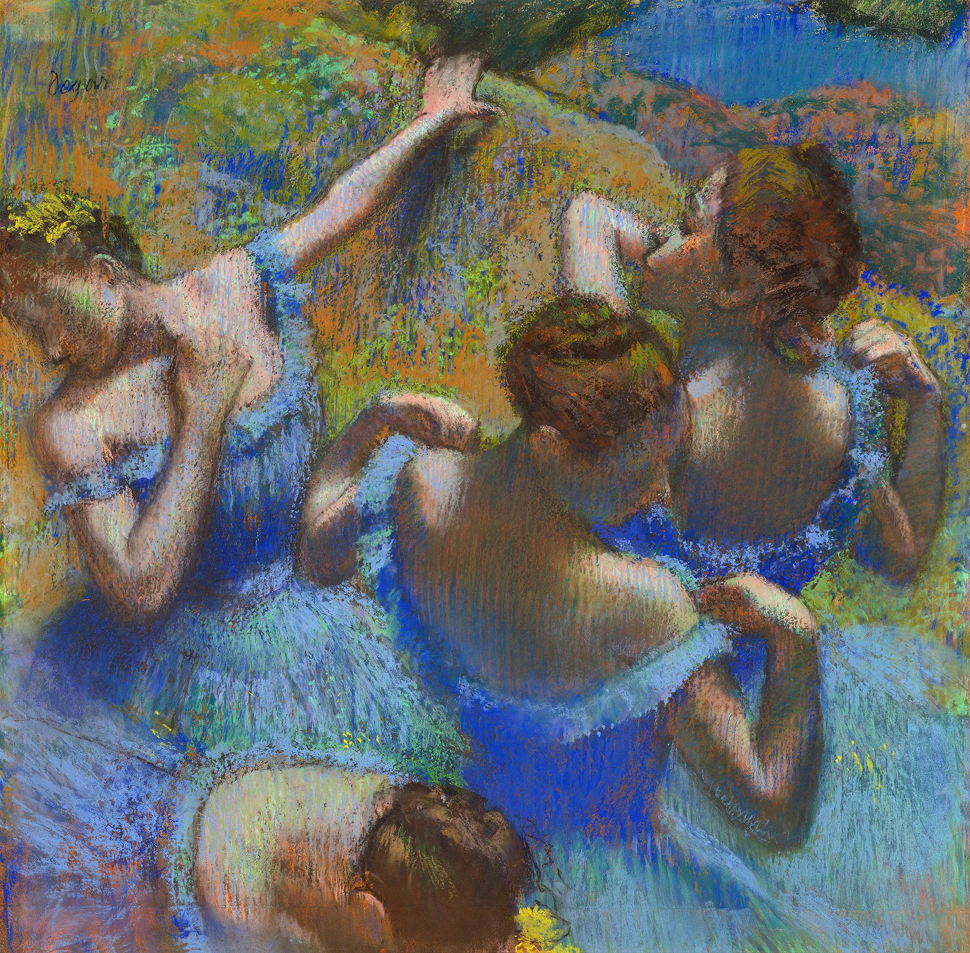 Five ballet dancers in a studio, some standing and stretching, others resting, in pale tutus against a blue and ochre atmospheric background.