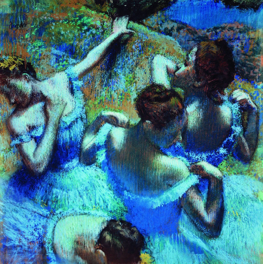Four pale-blue-clad dancers at rest in soft blues and earths, caught in private moments of stretching and adjustment.