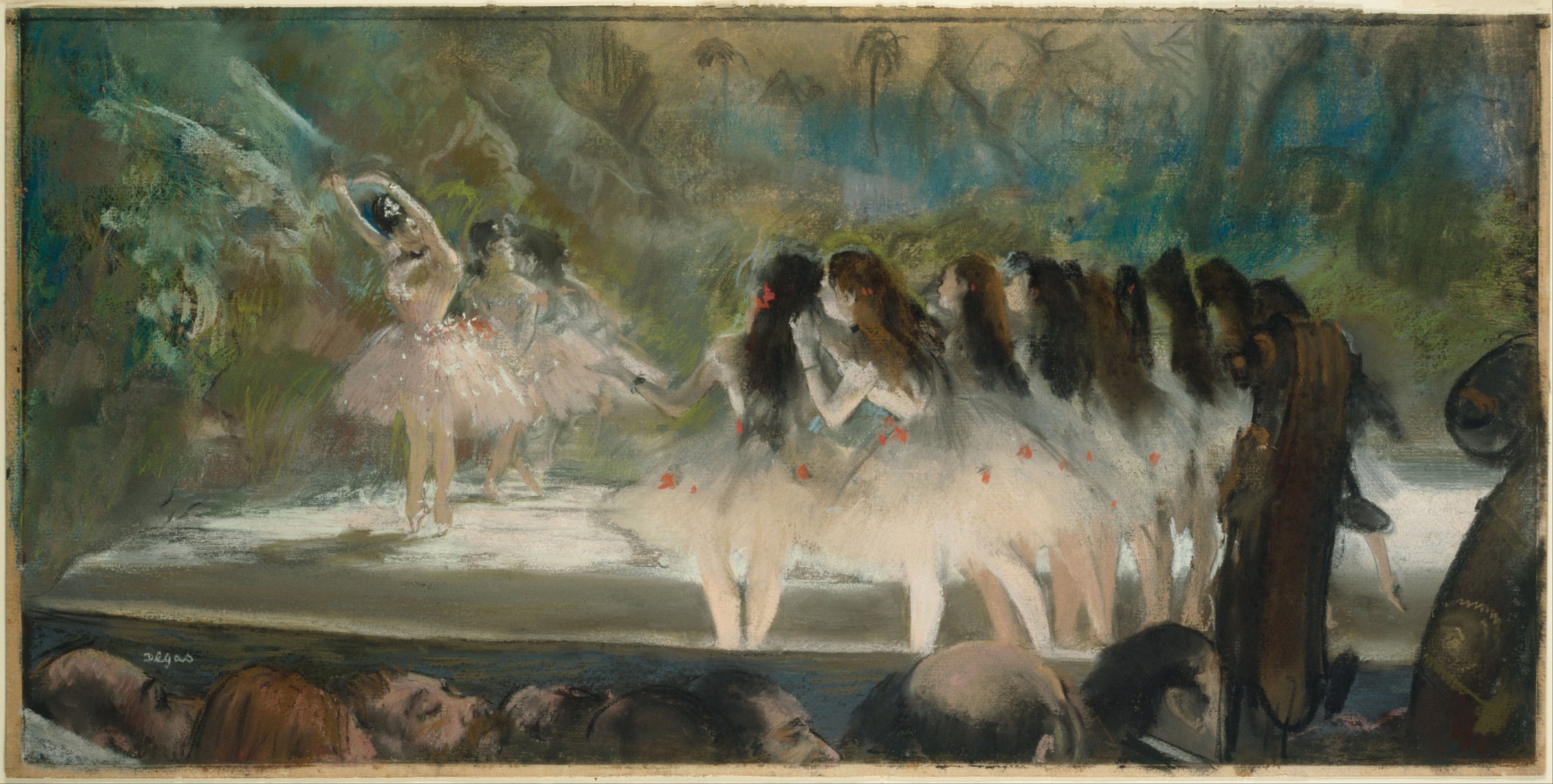 Pale-clad ballet dancers in formation on a dimly lit stage, one in an arabesque, others standing; Paris Opéra interior.
