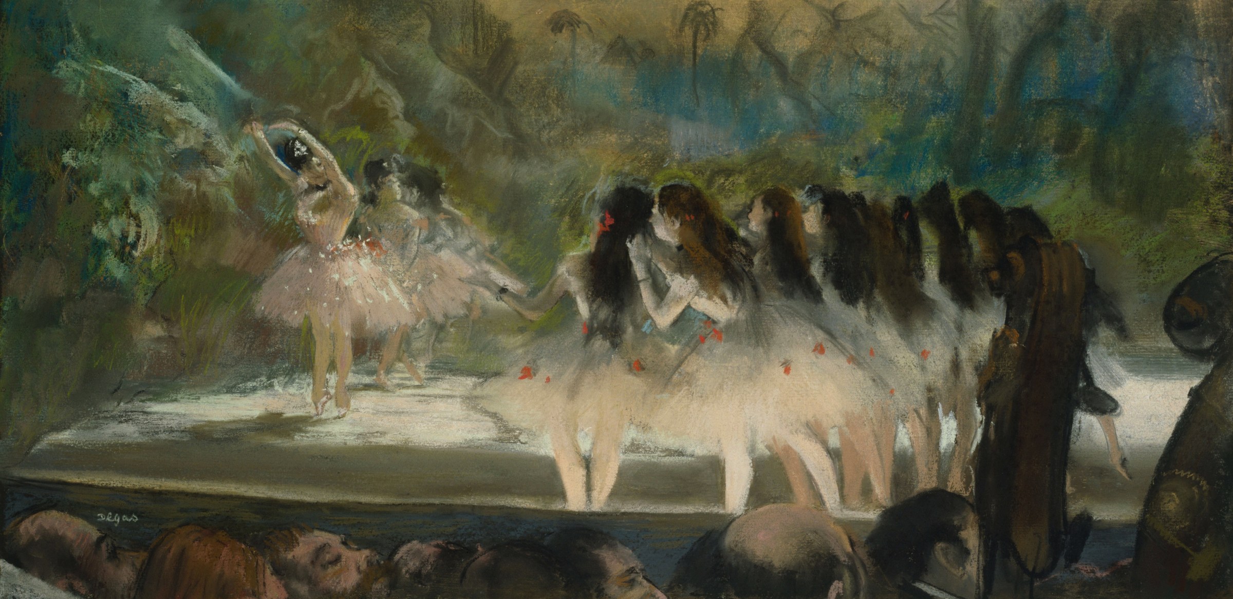 A pale ballerina in a tutu stands center stage in a forest setting, arms raised, with a corps de ballet receding behind her in shadow.