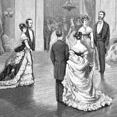 Engraving of a formal ballroom scene showing two couples in waltz position surrounded by well-dressed spectators in a grand columned interior.