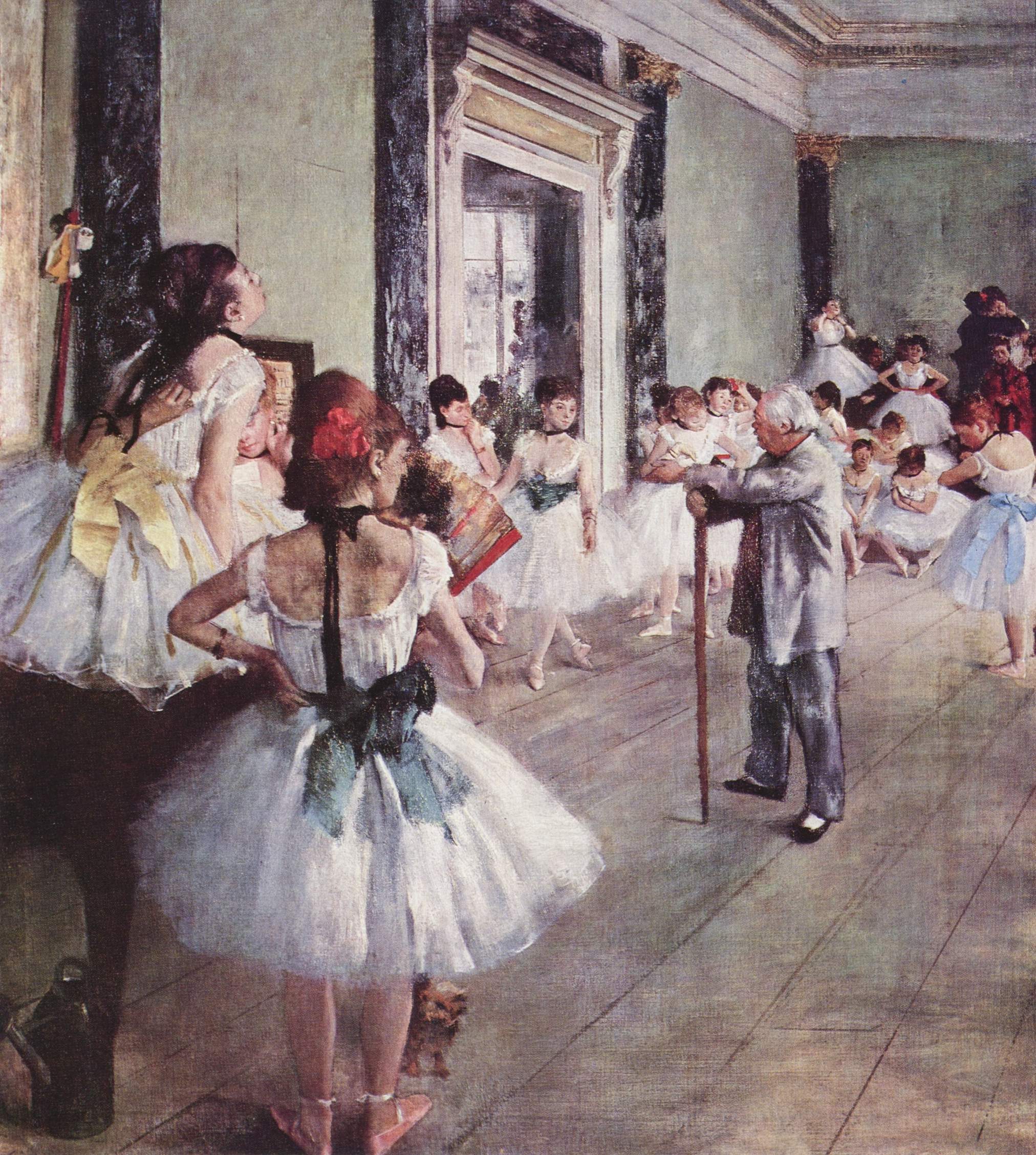 Ballet class in a sunlit studio: young dancers in white dresses and pointe shoes practice at the barre and center floor while an older man in a dark suit
