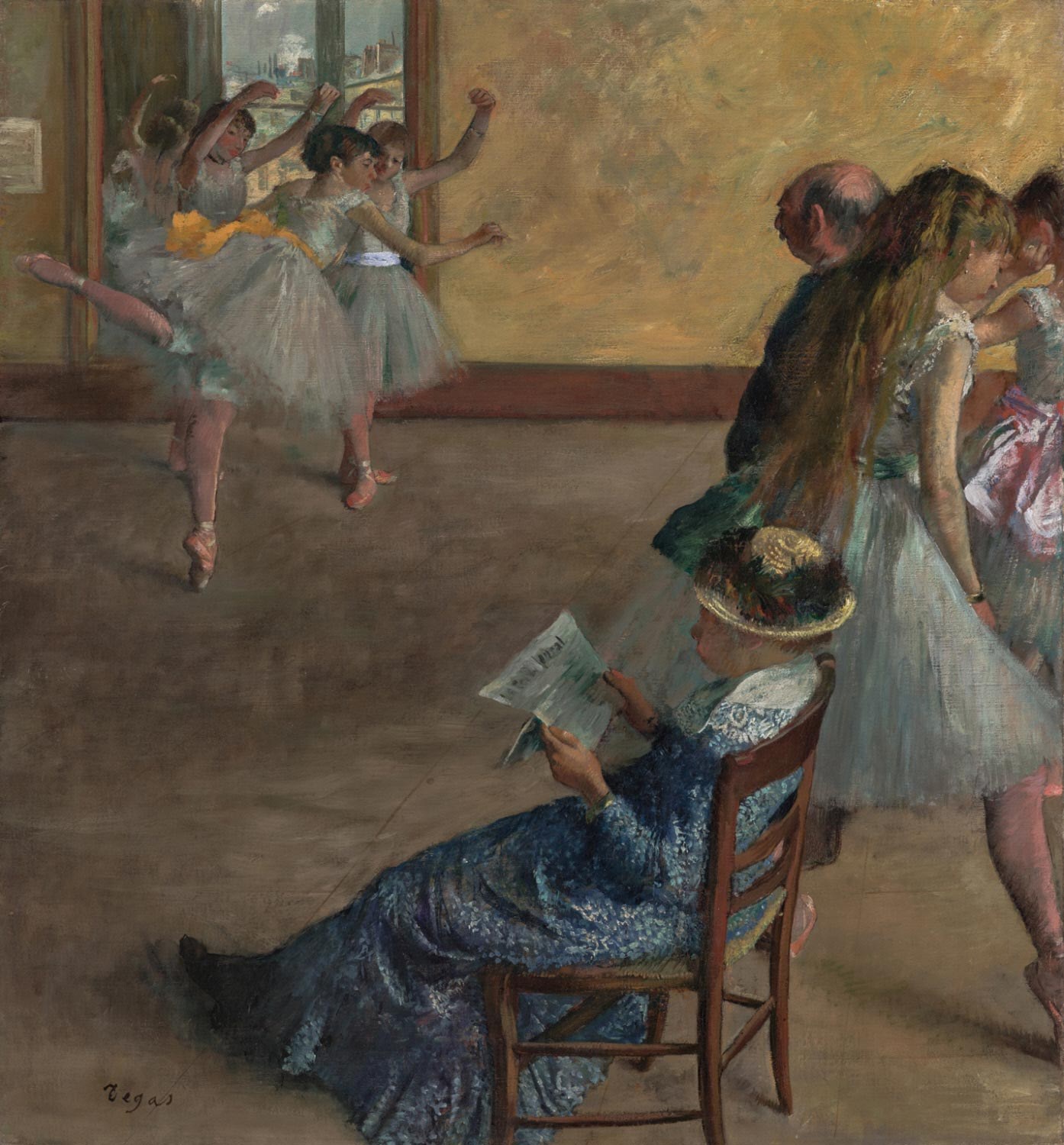 Ballet class in a studio: young dancers in white tutus and pointe shoes practice while a male instructor and seated female observer watch.
