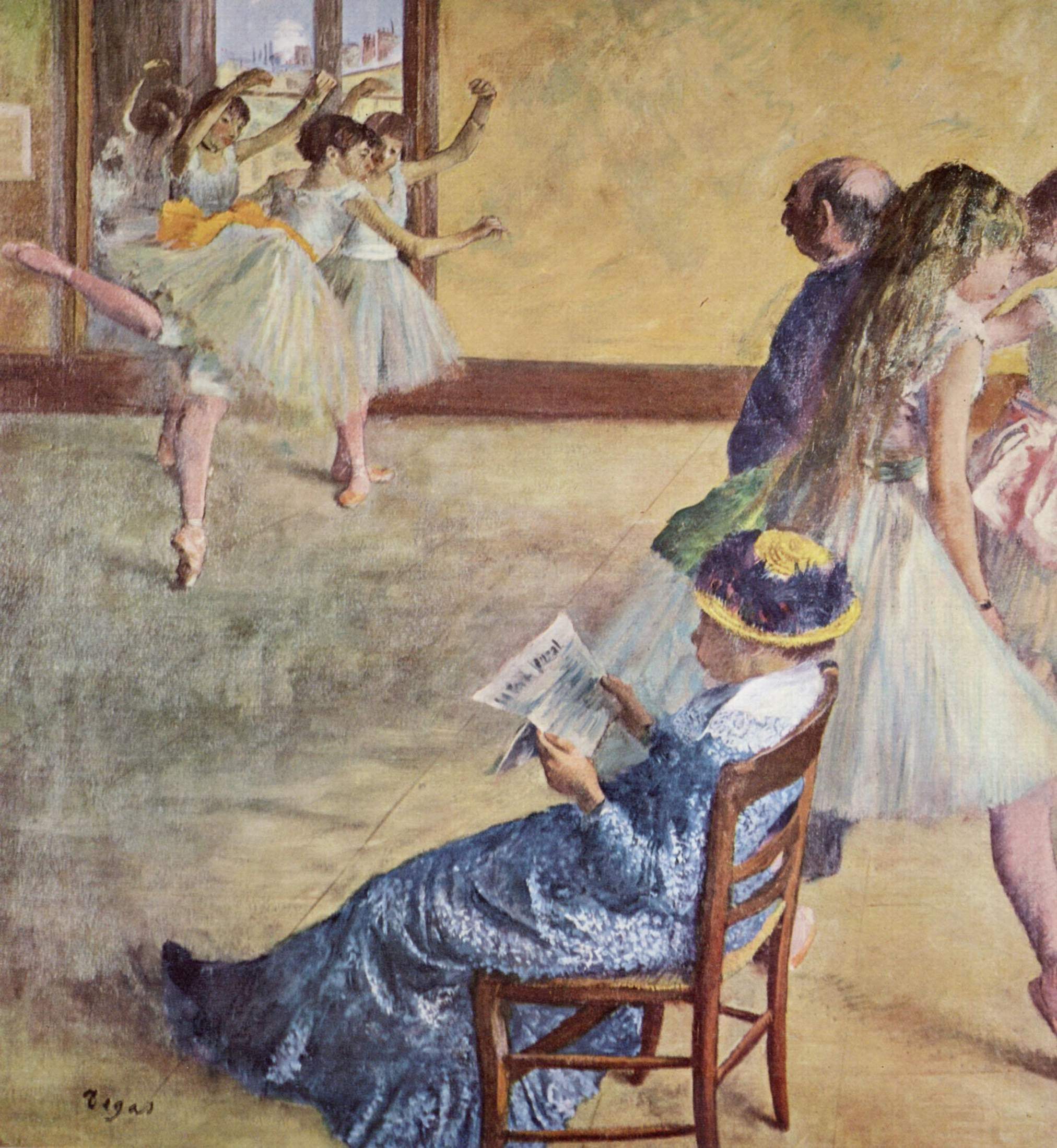 Dancers in white tutus practice in a sunlit studio; a seated woman in dark dress reads a newspaper in the foreground.