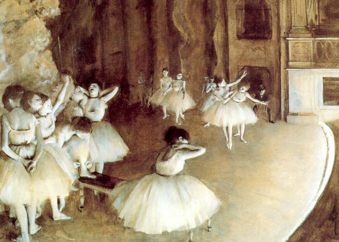Ballet dancers in tutus scattered across a stage during rehearsal, with one figure hunched in the foreground, oil painting in warm tones.
