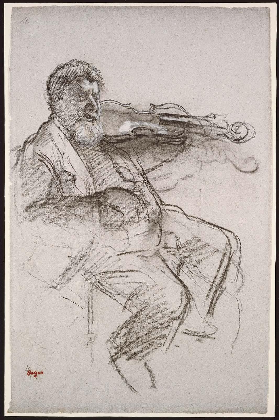 Pencil drawing of a bearded man in nineteenth-century dress playing the violin with concentrated expression.