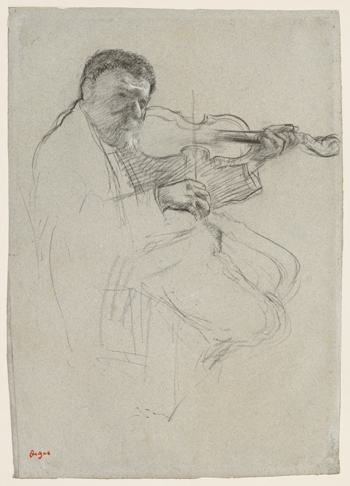 Graphite drawing of a bearded man in nineteenth-century dress playing a violin, leaning forward in dynamic pose, rendered in sketch style.