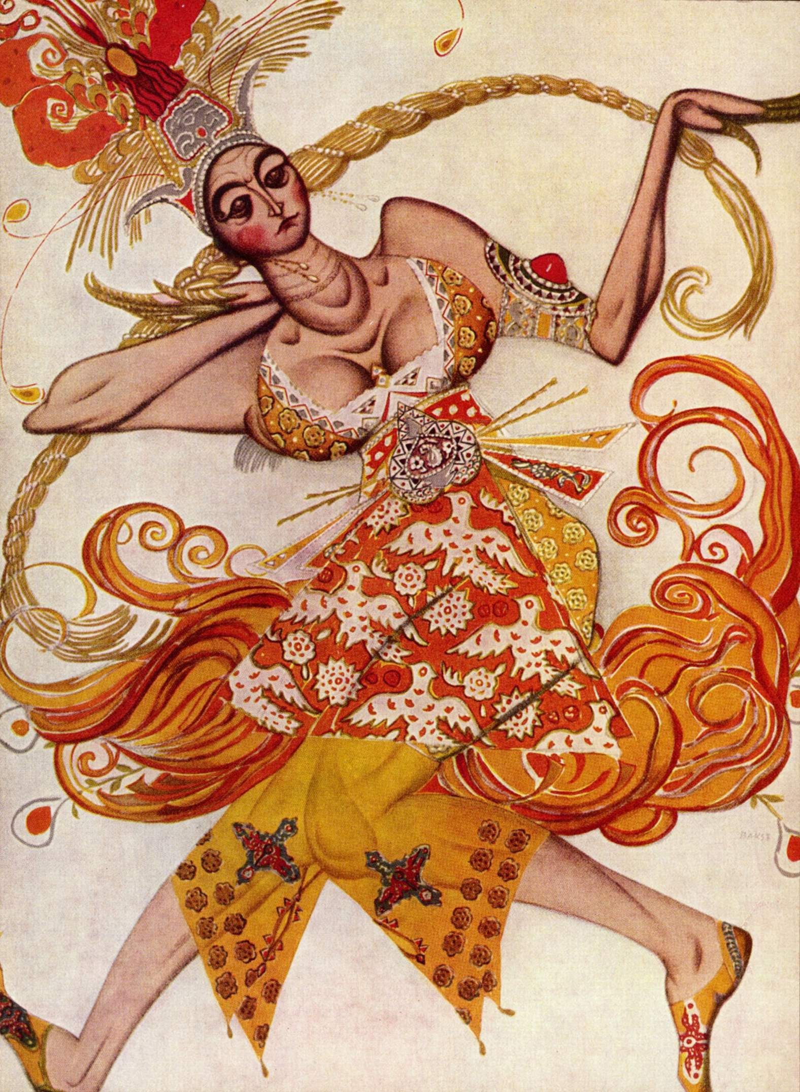 A stylized dancer in elaborate red and gold costume, arched backward with one leg extended, wearing theatrical makeup and ornamental collar, against a