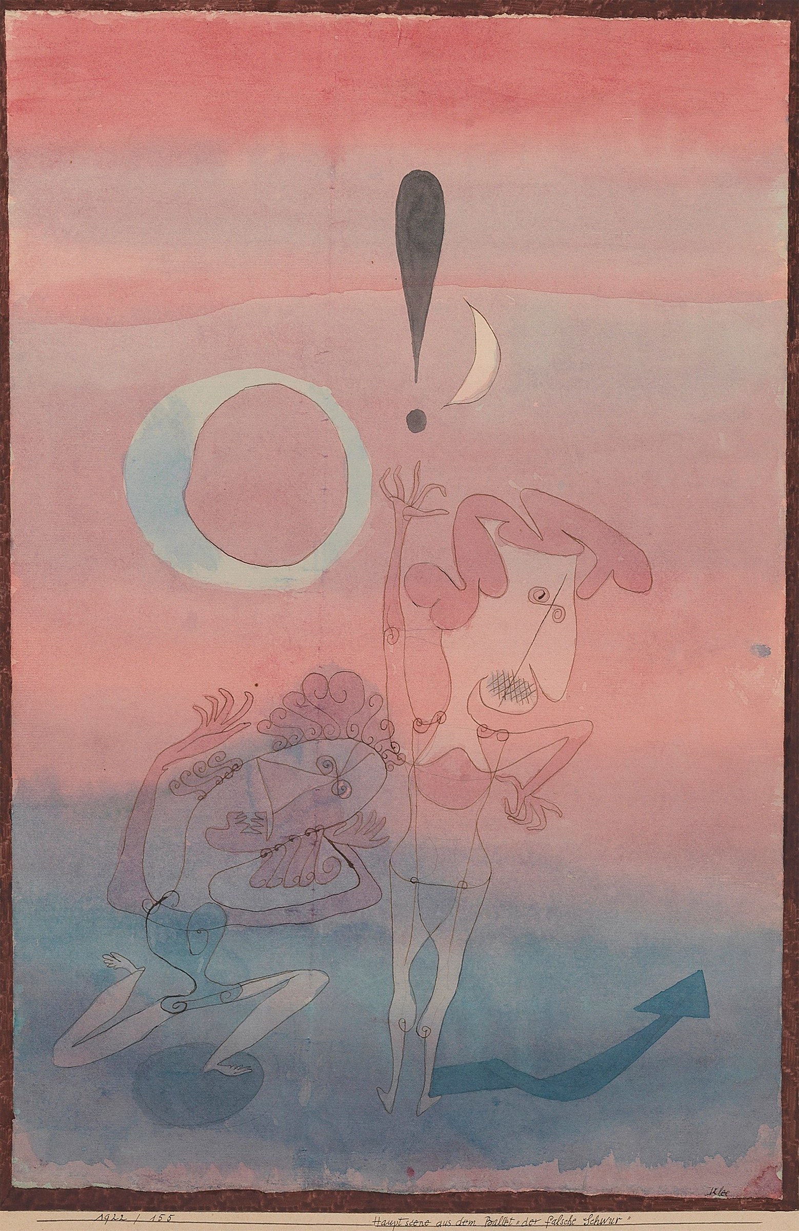 Watercolor and pencil drawing of two stylized figures on a pink-to-blue gradient stage: a standing dancer with extended limbs and a seated figure in ornate