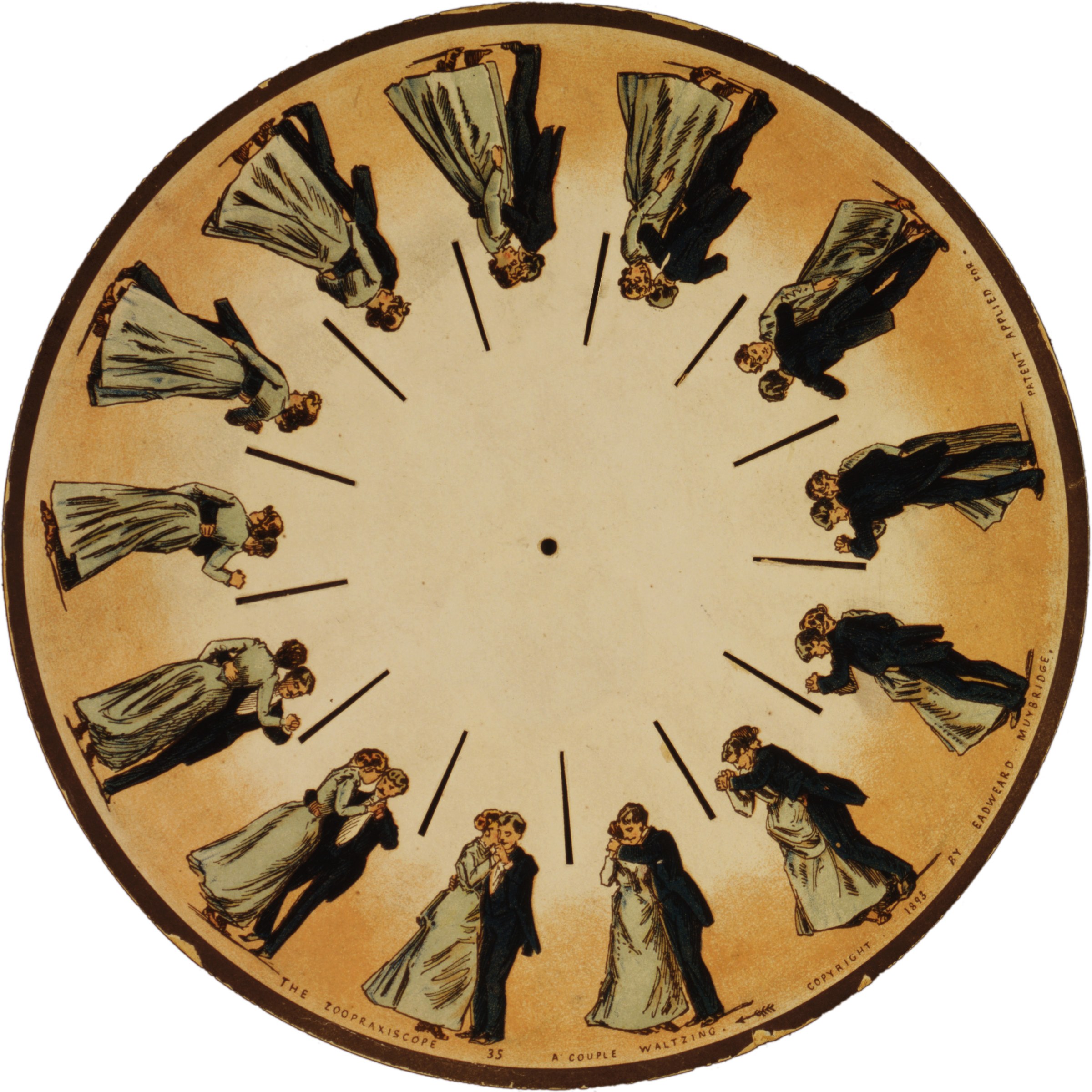 A circular phenakistoscope disc showing twelve sequential images of a dancing couple in Victorian formal wear rotating in a waltz.