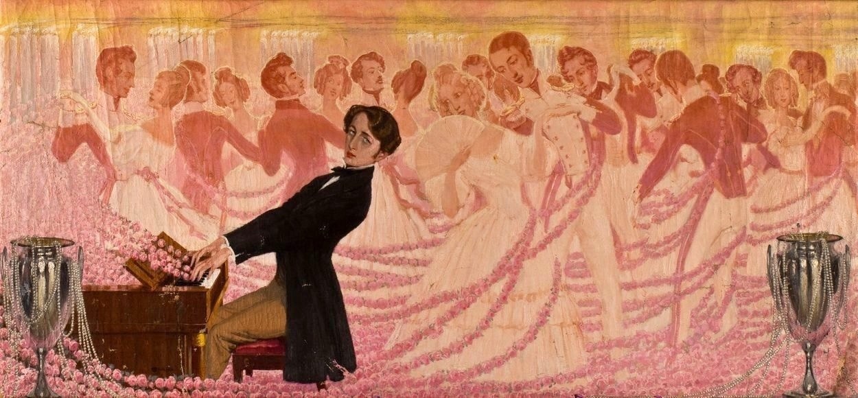 Man in black evening dress at piano faces a glowing throng of pale female figures rendered as translucent, swaying forms in a golden ballroom interior.