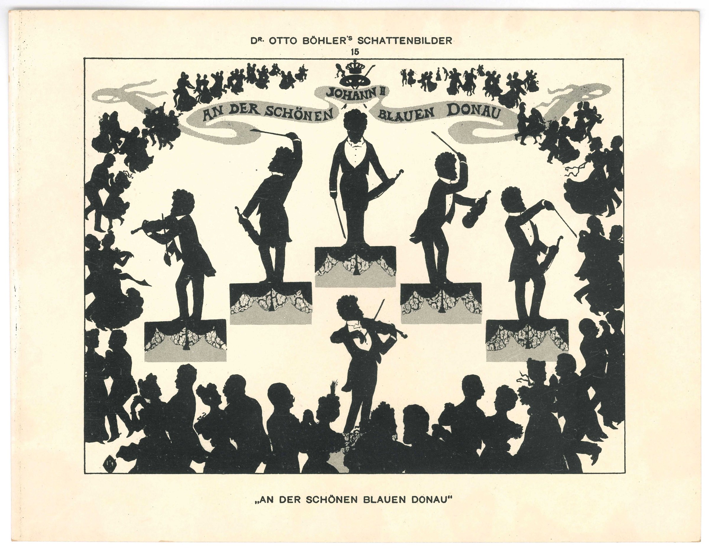 Black silhouette of a conductor with baton at center, surrounded by turning couples in ballroom hold and a crowd of spectators framing the scene.