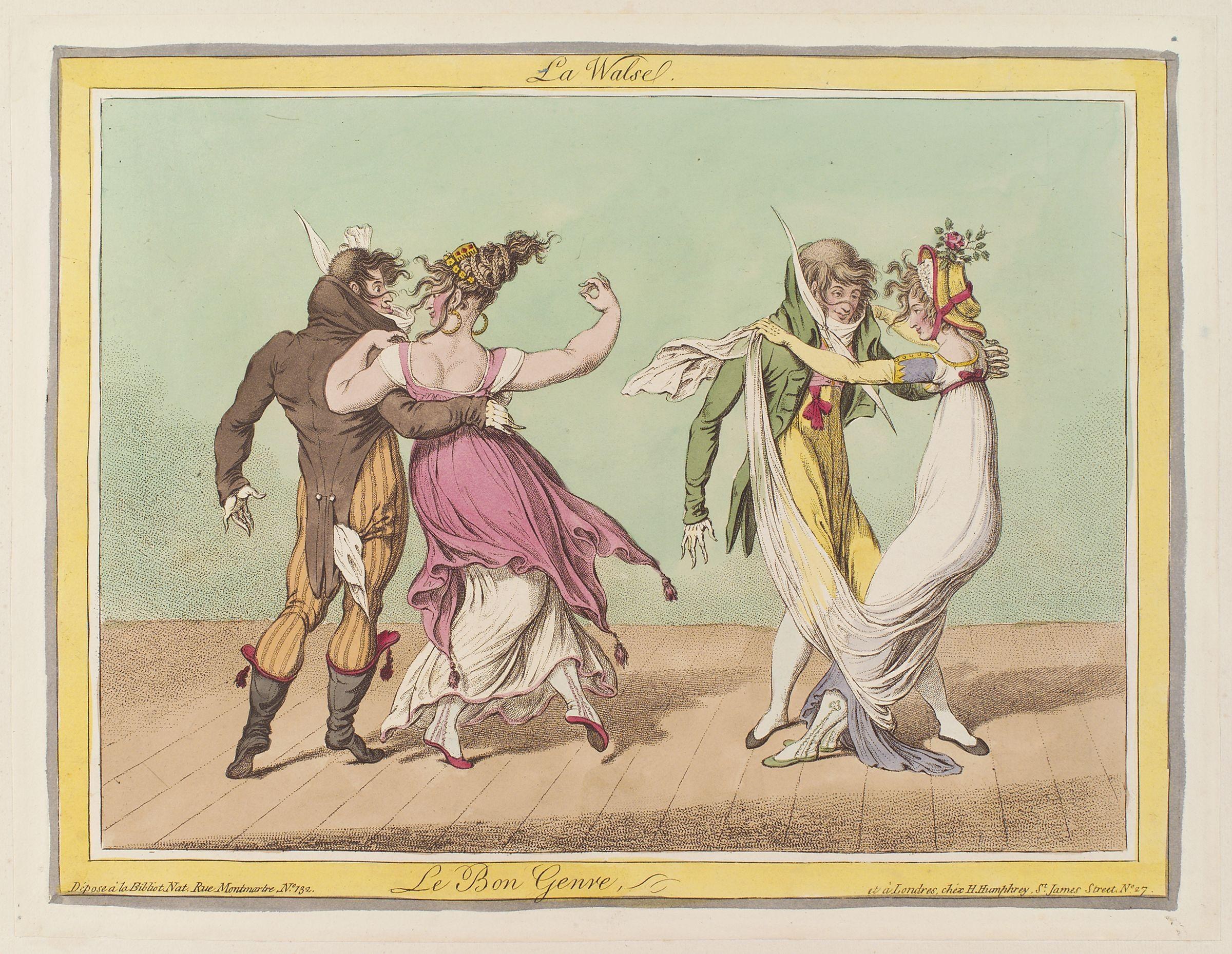 Hand-colored engraving comparing two couples dancing the waltz: left pair grotesquely caricatured, right pair genteel; both in close embrace.