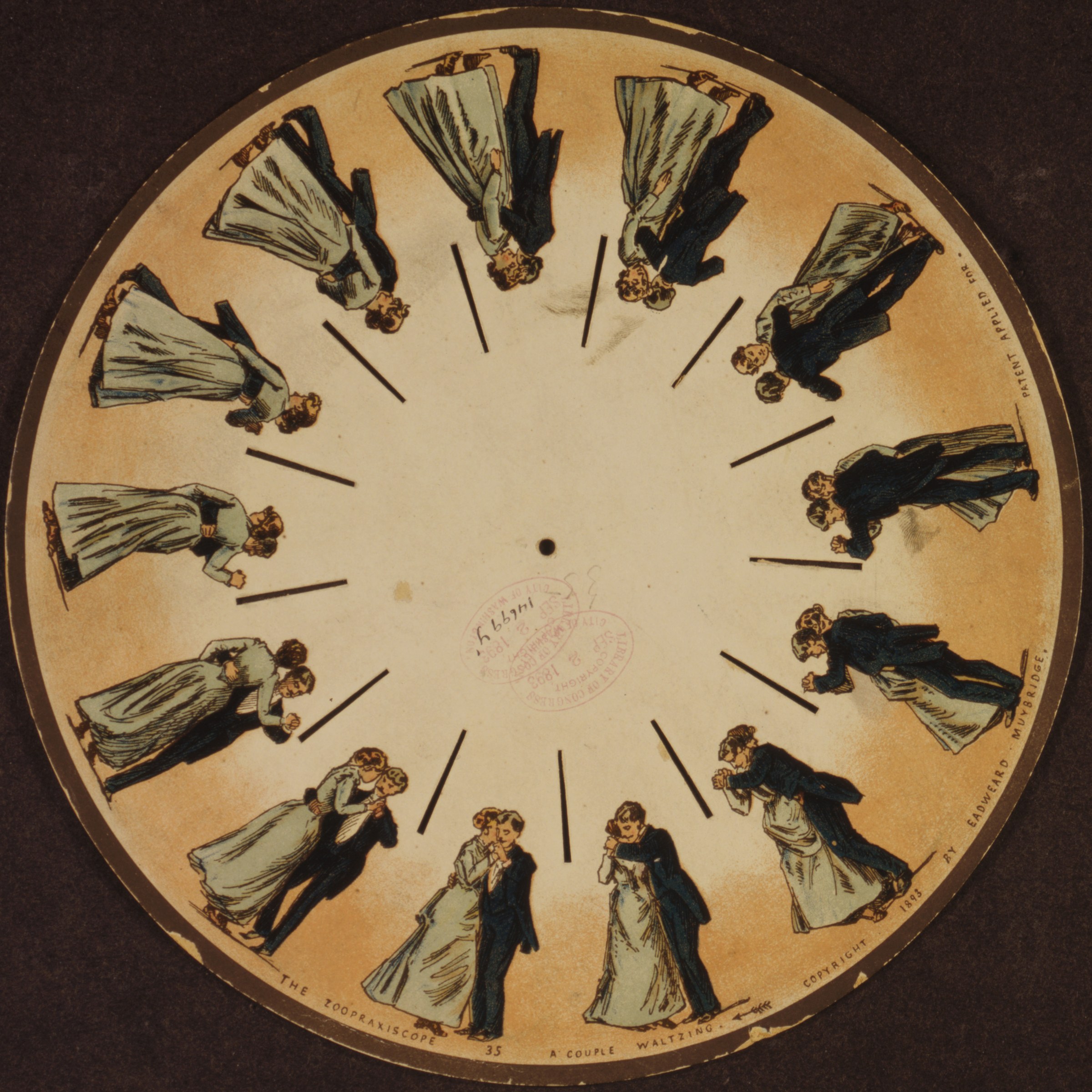 Twelve sequential drawings of a waltz couple arranged in a circle, showing their rotation through space; phenakistoscope animation disk.