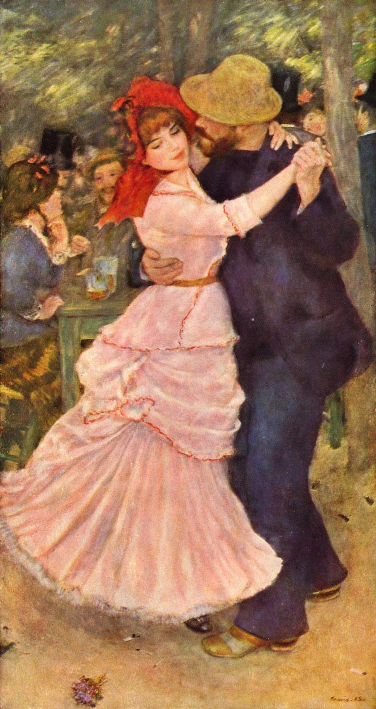 Couple in waltz hold dances outdoors in a garden; woman in pink gown leans back as man in straw hat and dark jacket leads her through a turn.