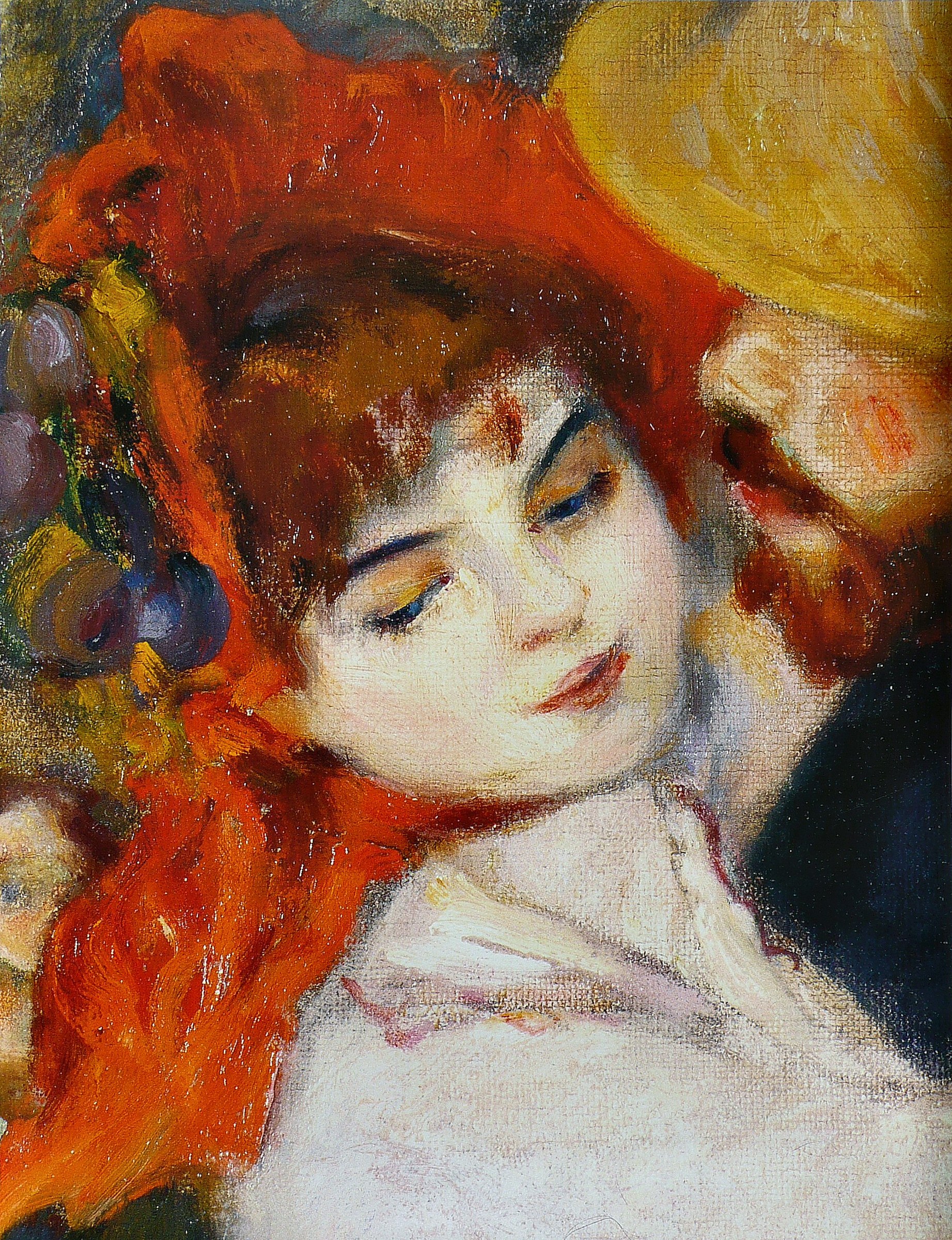 A pale-skinned woman with reddish hair, shown in profile with downcast gaze, wears a white draped garment against a warm golden background.