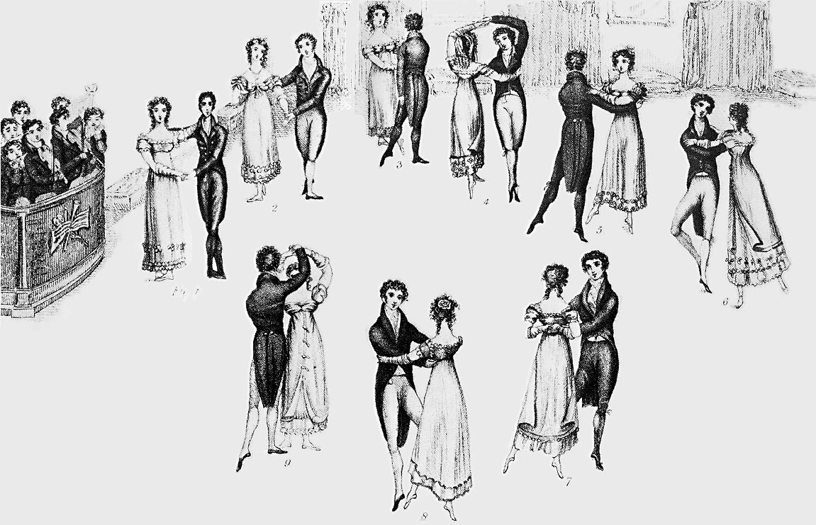 Nine couples demonstrating positions of the Waltz in Regency dress, arranged in numbered sequence around a group of musicians.