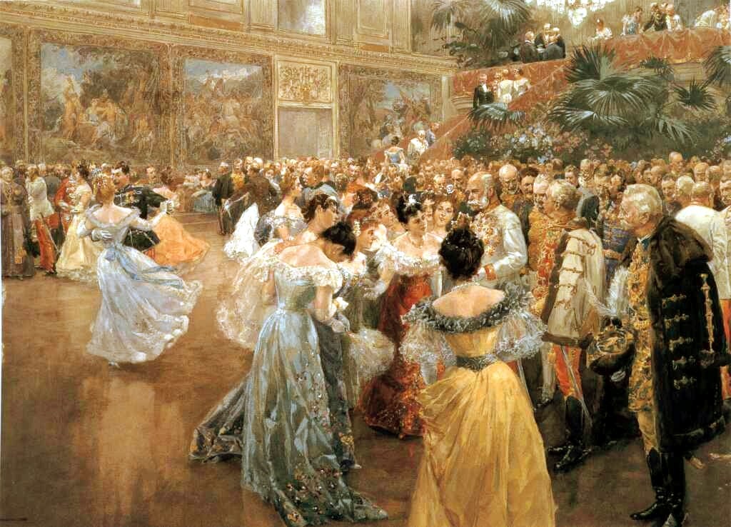 Hundreds of elegantly dressed figures in a gilded ballroom, with couples dancing in closed ballroom hold while spectators mill and converse nearby.