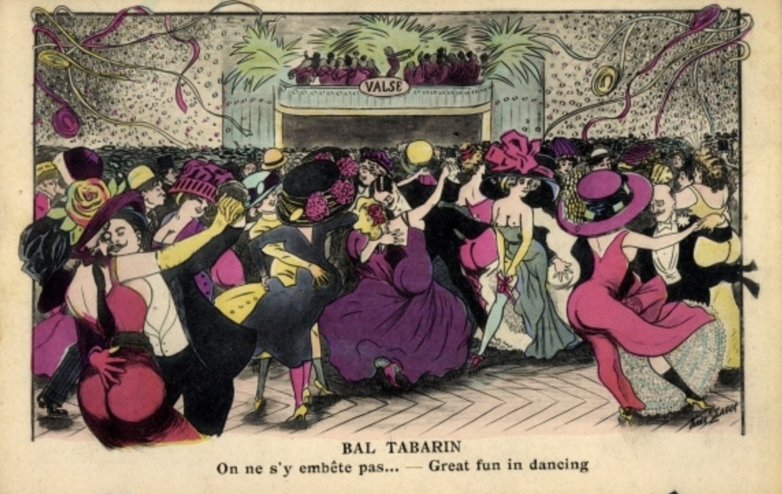 A crowded 1920s ballroom filled with dancers in evening dress, many in closed-position couples performing the waltz amid standing spectators.