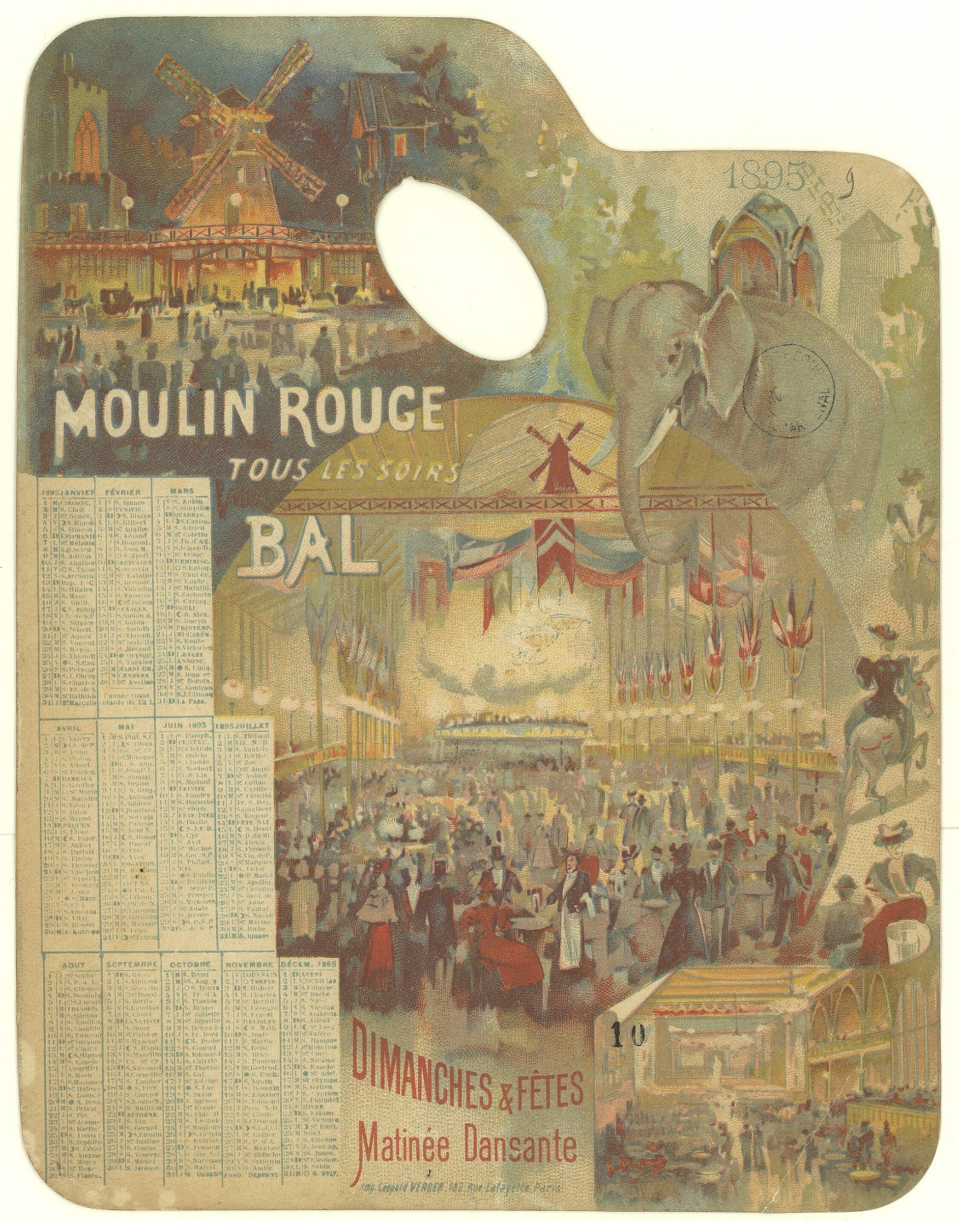 Chromolithographic poster for the 1895 Moulin Rouge calendar, showing two crowded ballroom interiors with formally dressed dancers.