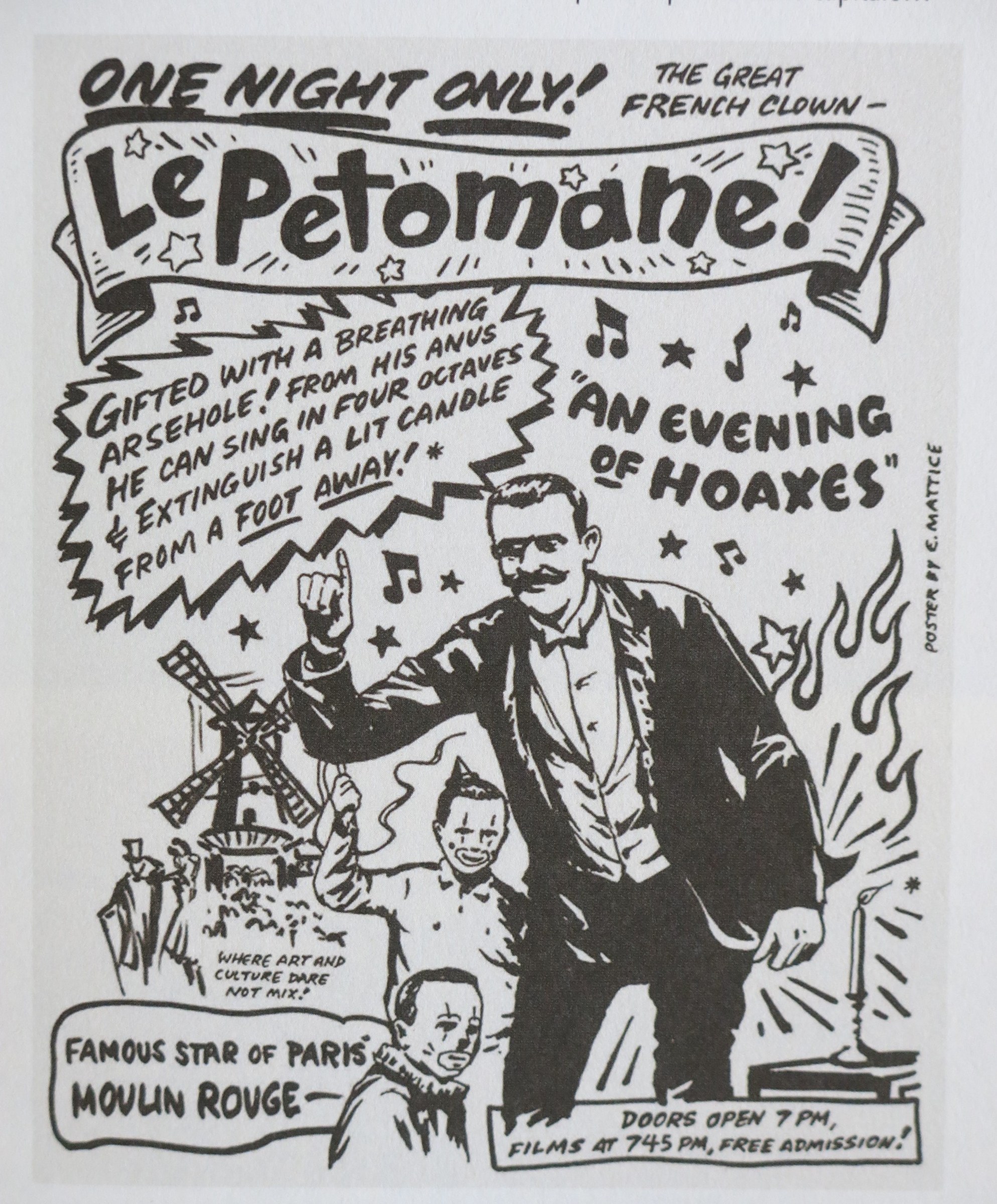 Vintage printed advertisement for Le Pétomane, a mustachioed performer in evening dress with raised fist, surrounded by musical notes and stars.