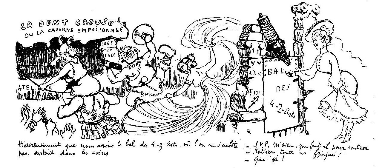 Chaotic pen sketch of students tumbling and grappling in a crowded cellar scene, with architectural column at right.