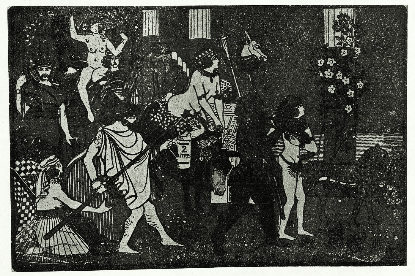 Crowded ballroom scene in black and white, with nude and clothed figures dancing and celebrating amid classical columns and tall windows.