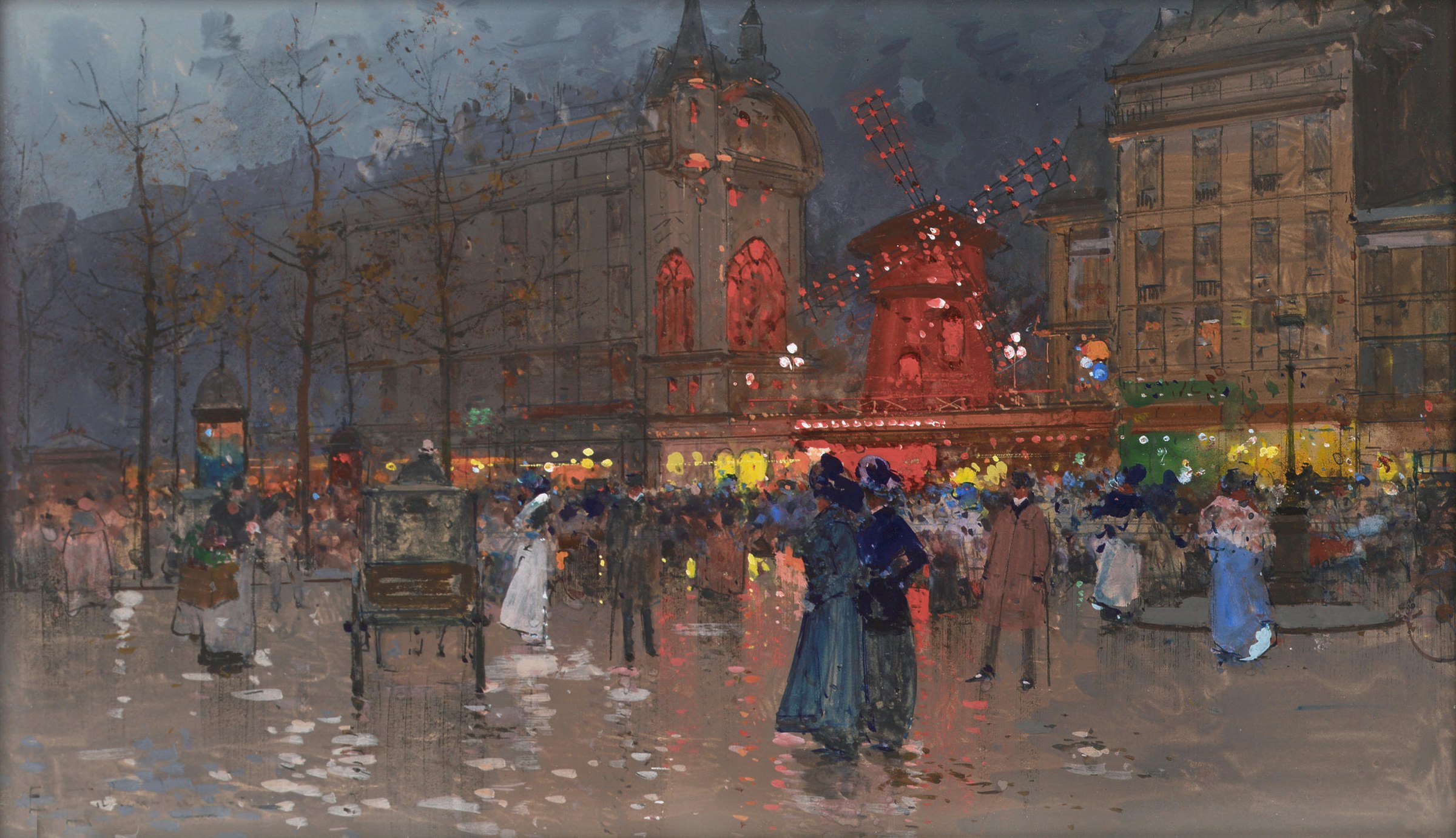 Crowded evening street scene outside the illuminated Moulin Rouge cabaret in Paris, with hundreds of well-dressed figures on wet pavement.