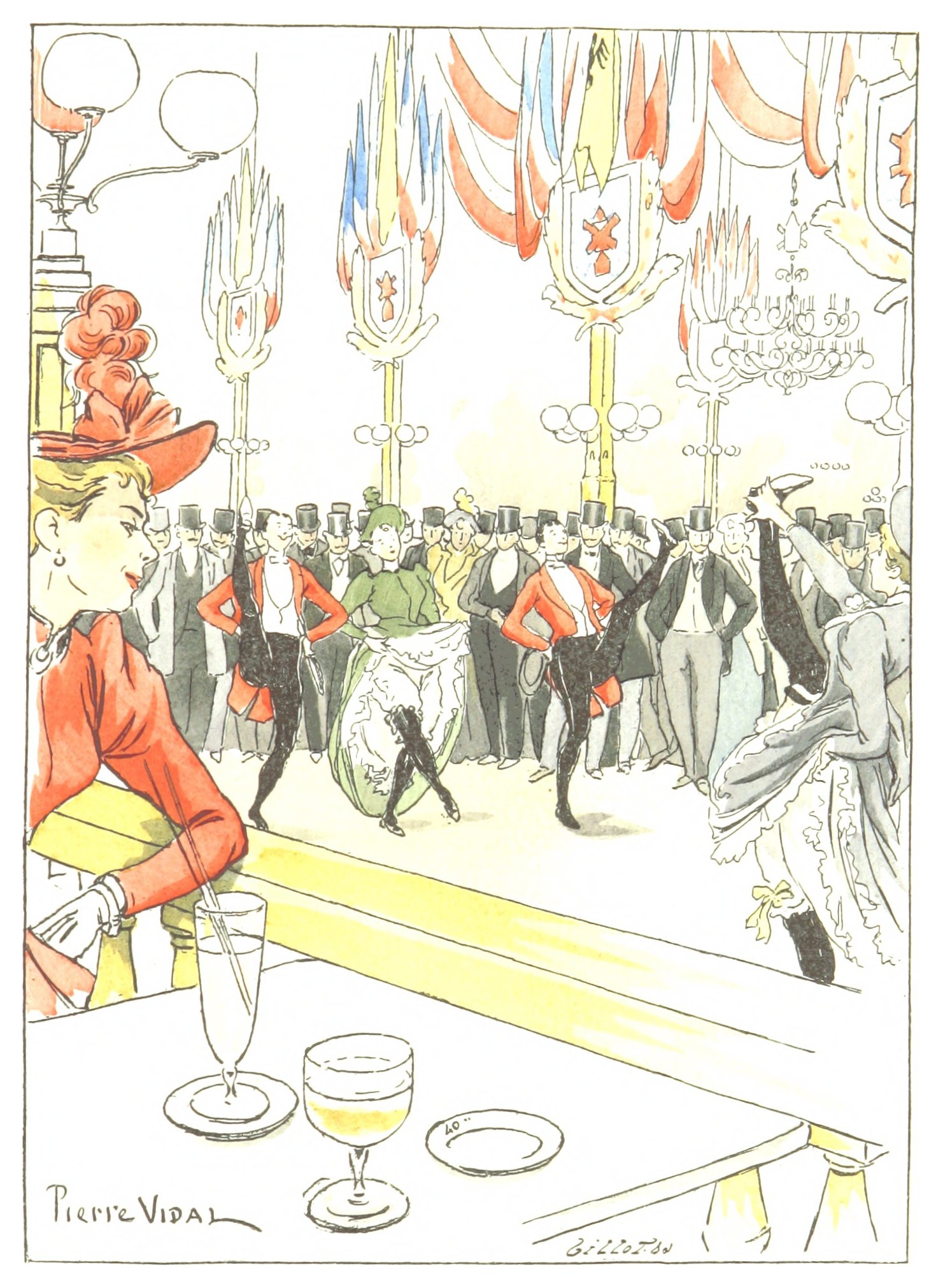 Woman in orange jacket seated at a table watches a couple dance in a crowded Parisian ballroom beneath elaborate ornamental poles and draped ribbons.