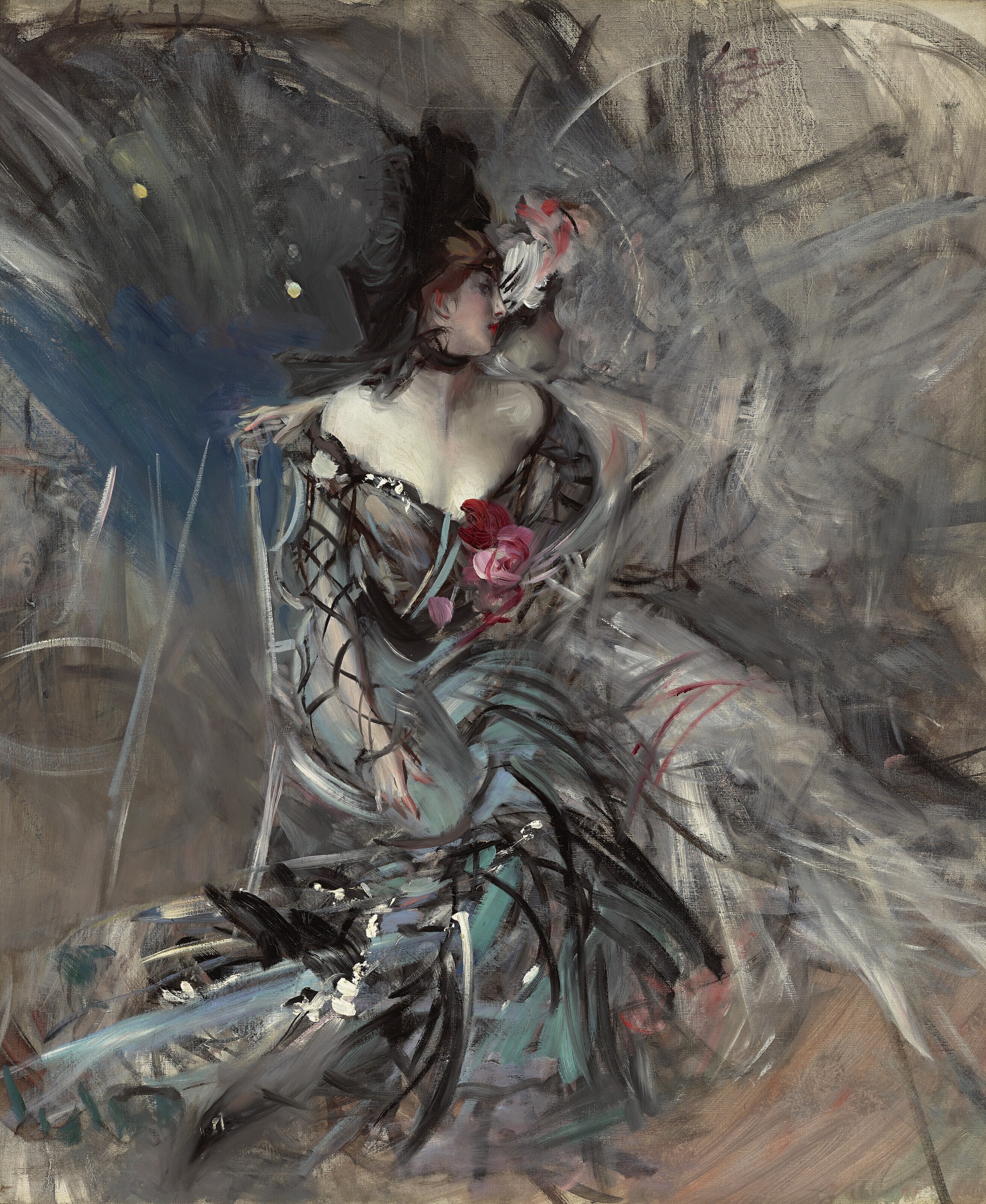Woman in white chemise and dark silk skirt with roses in her hair, body tilted back in theatrical pose against dark interior, 1905 oil painting.