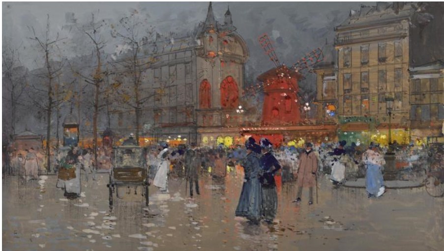Crowded evening scene at the Moulin Rouge in Paris, with red windmill and glowing signs above hundreds of figures in Belle Époque dress.