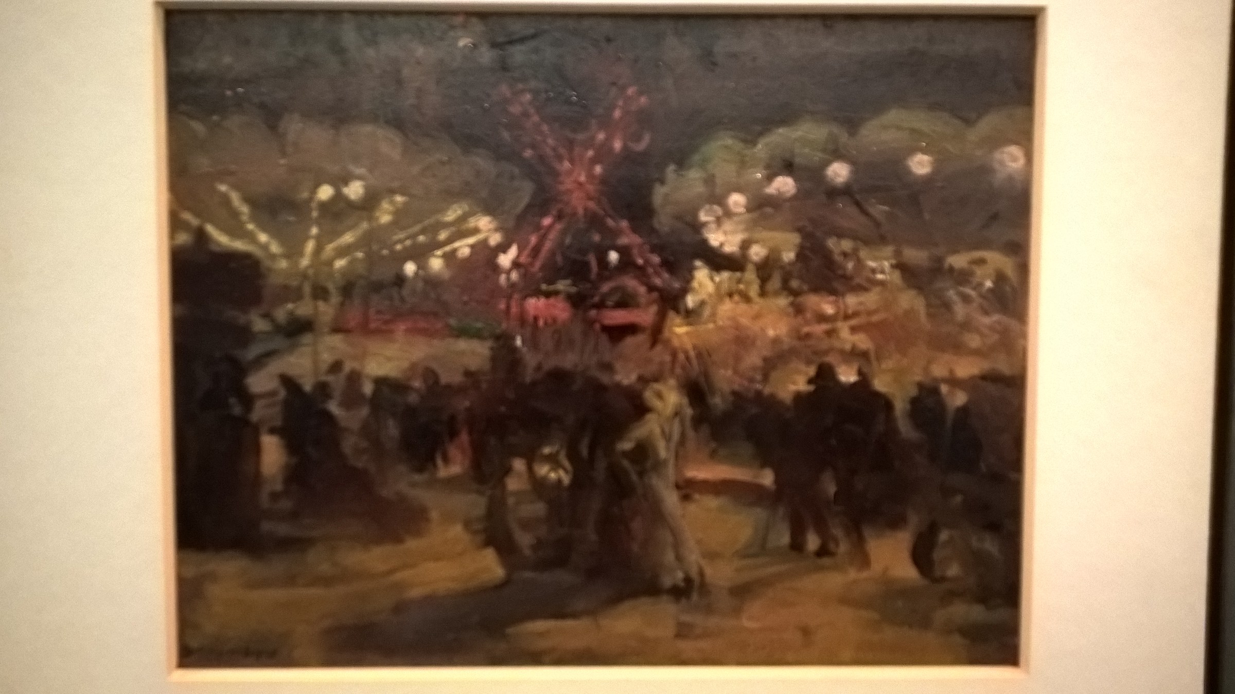 Oil painting of the Moulin Rouge cabaret at night, with spectators in dark dress surrounding animated dancers in the center around a red architectural