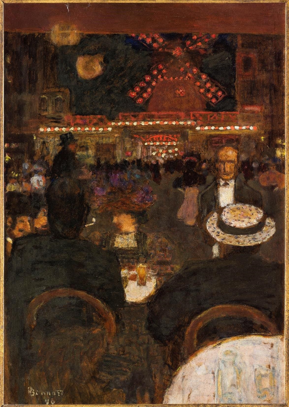 Crowded nighttime café interior with glowing Moulin Rouge stage in the background; patrons in dark dress seated at tables under electric lights.