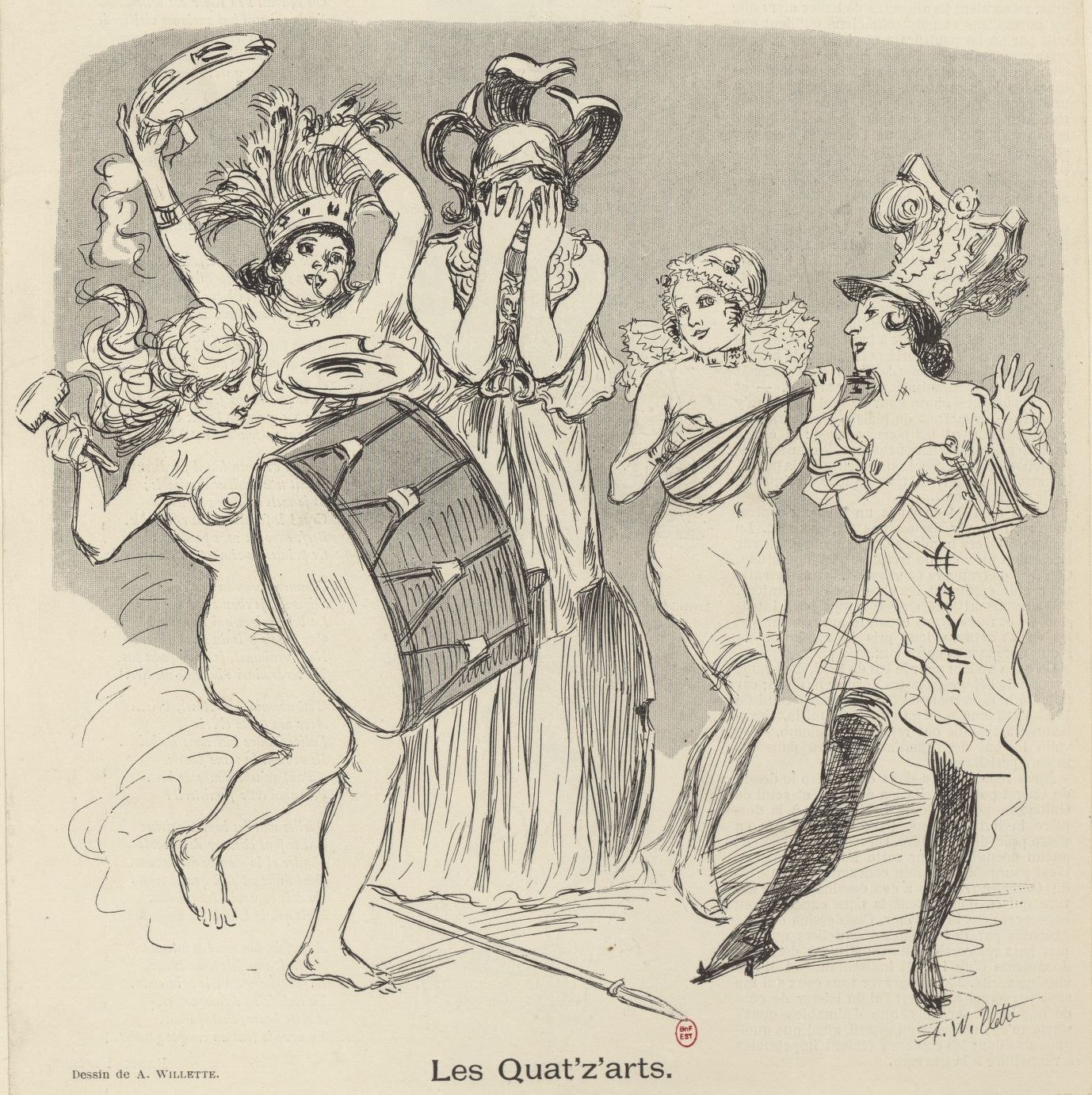 Satirical lithograph showing nude and costumed bohemian figures dancing around a bass drum in an exuberant, chaotic scene.