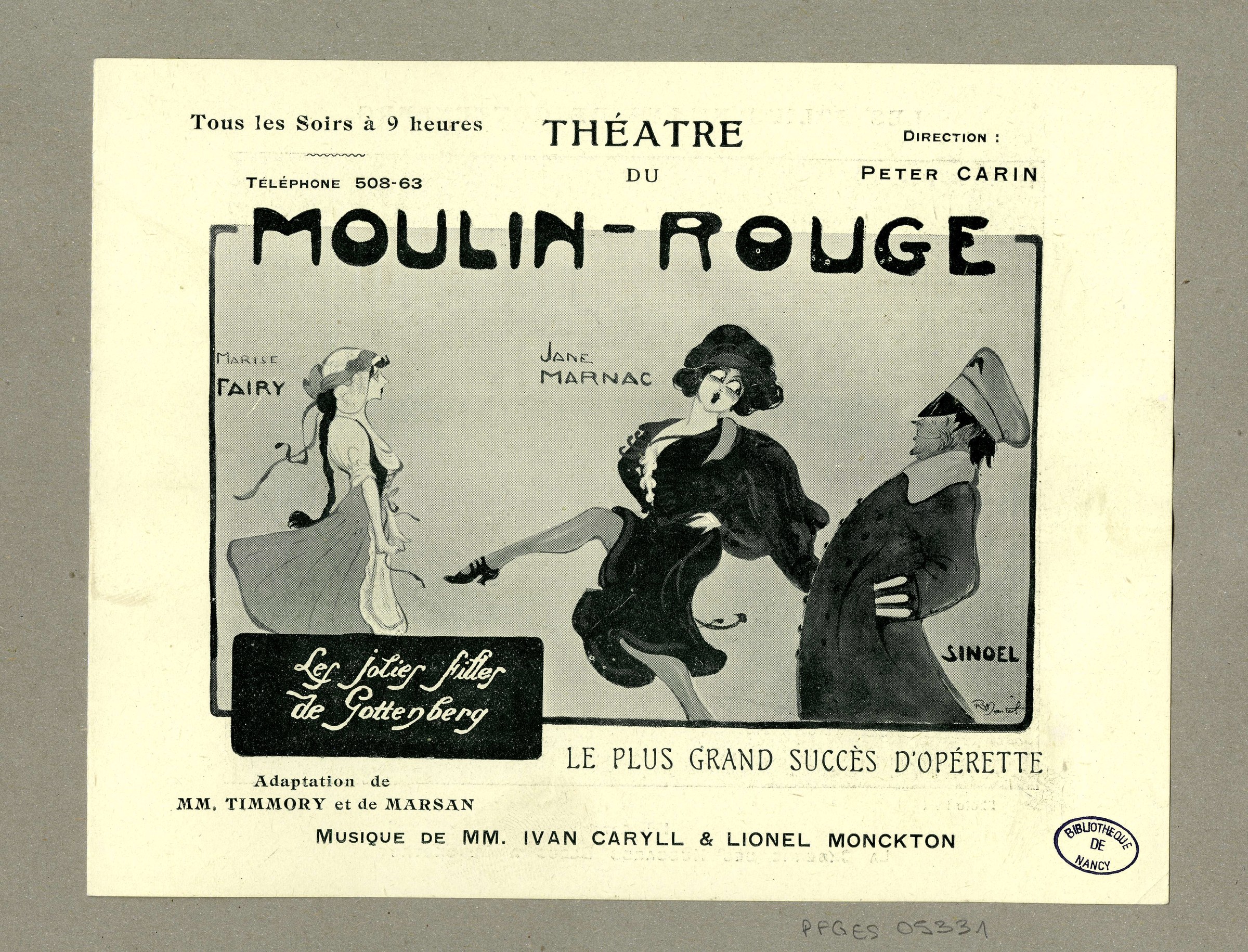 Theater poster for an operetta showing three figures: a woman in a lifted balletic pose at left, a woman mid-turn at center, and a military figure at right.