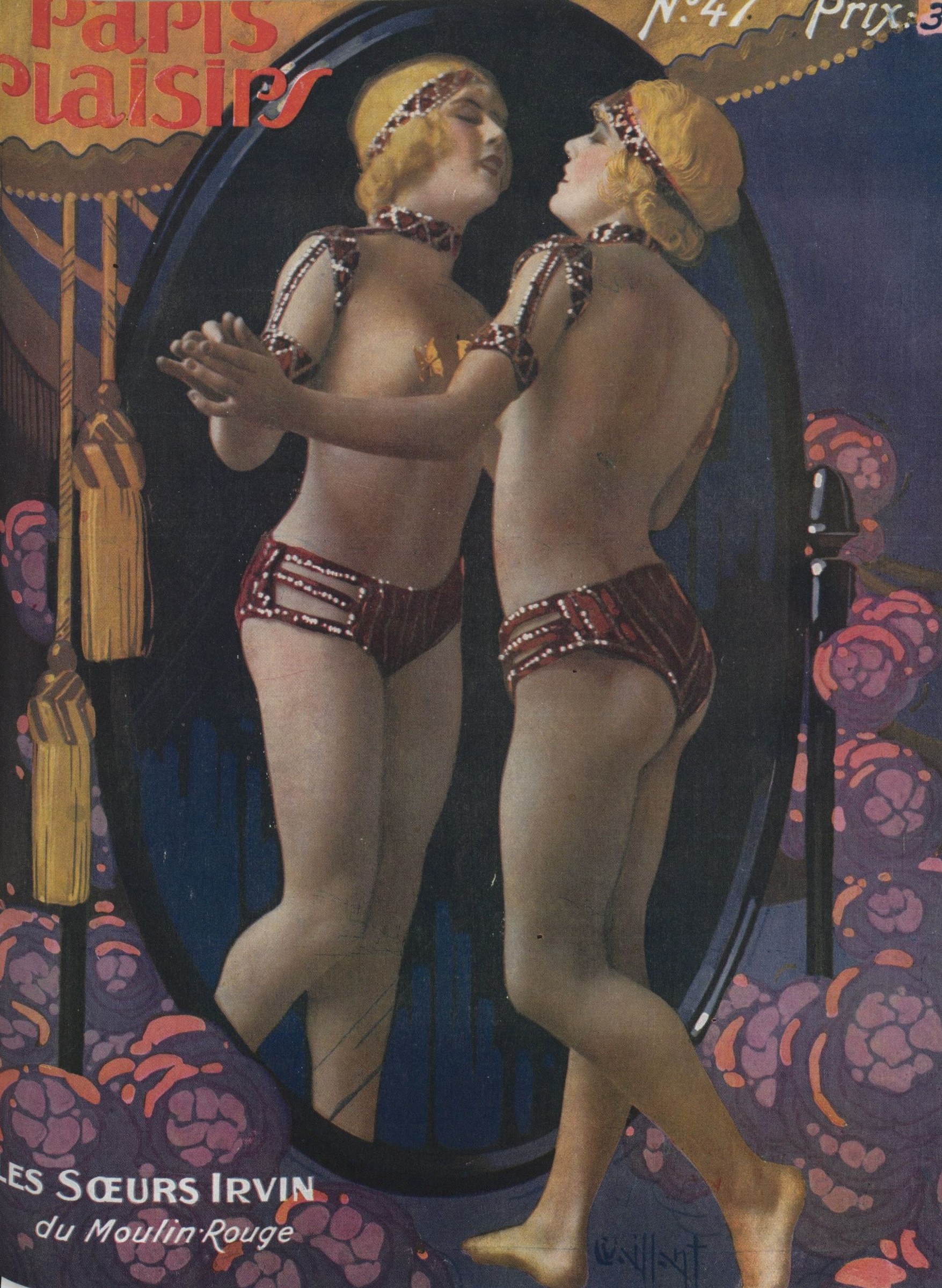Two pale-skinned performers with blonde hair, wearing beaded headbands and minimal costumes with jeweled hip wraps, pose facing each other on a stylized