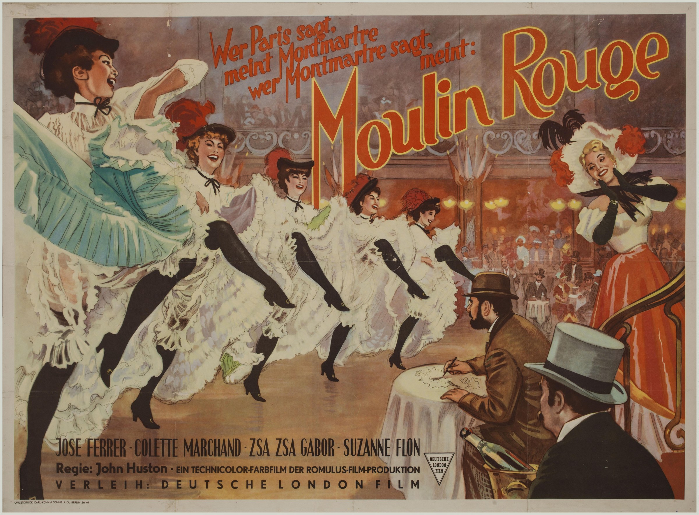 Chromolithographic poster showing a line of six can-can dancers in white ruffled costumes and black stockings, legs extended in high kicks, in a Parisian