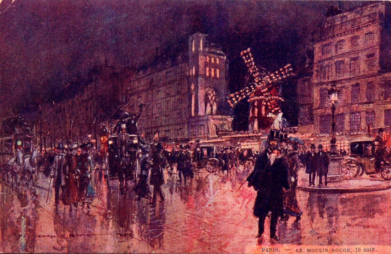 Nocturnal crowd outside the glowing Moulin Rouge cabaret amid Haussmann buildings, painted in warm amber and purple tones.