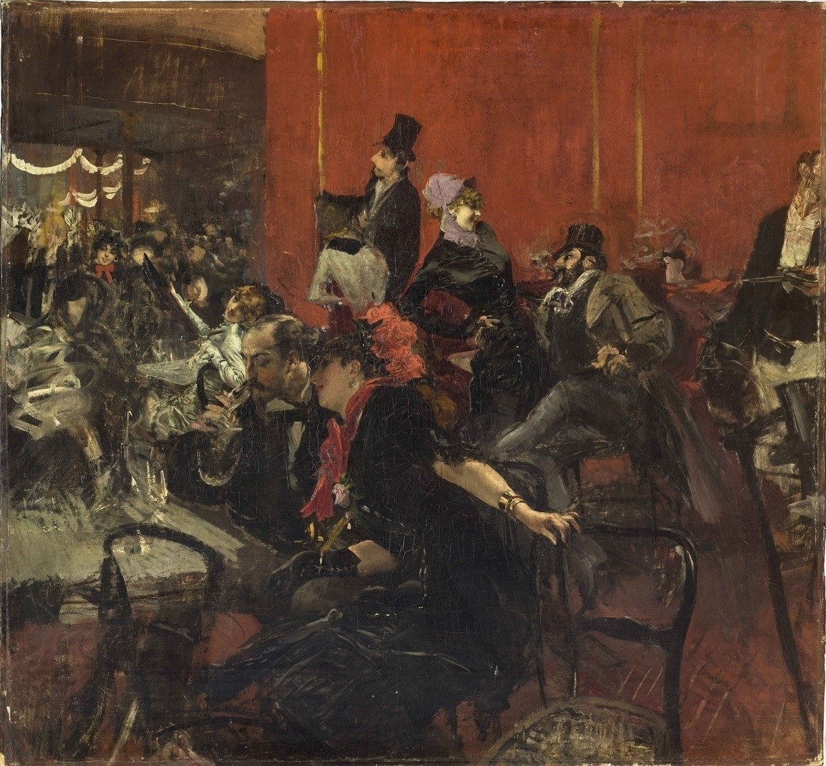 A crowded oil painting of well-dressed men and women in formal evening clothes gathered indoors under warm lighting at the Moulin Rouge.