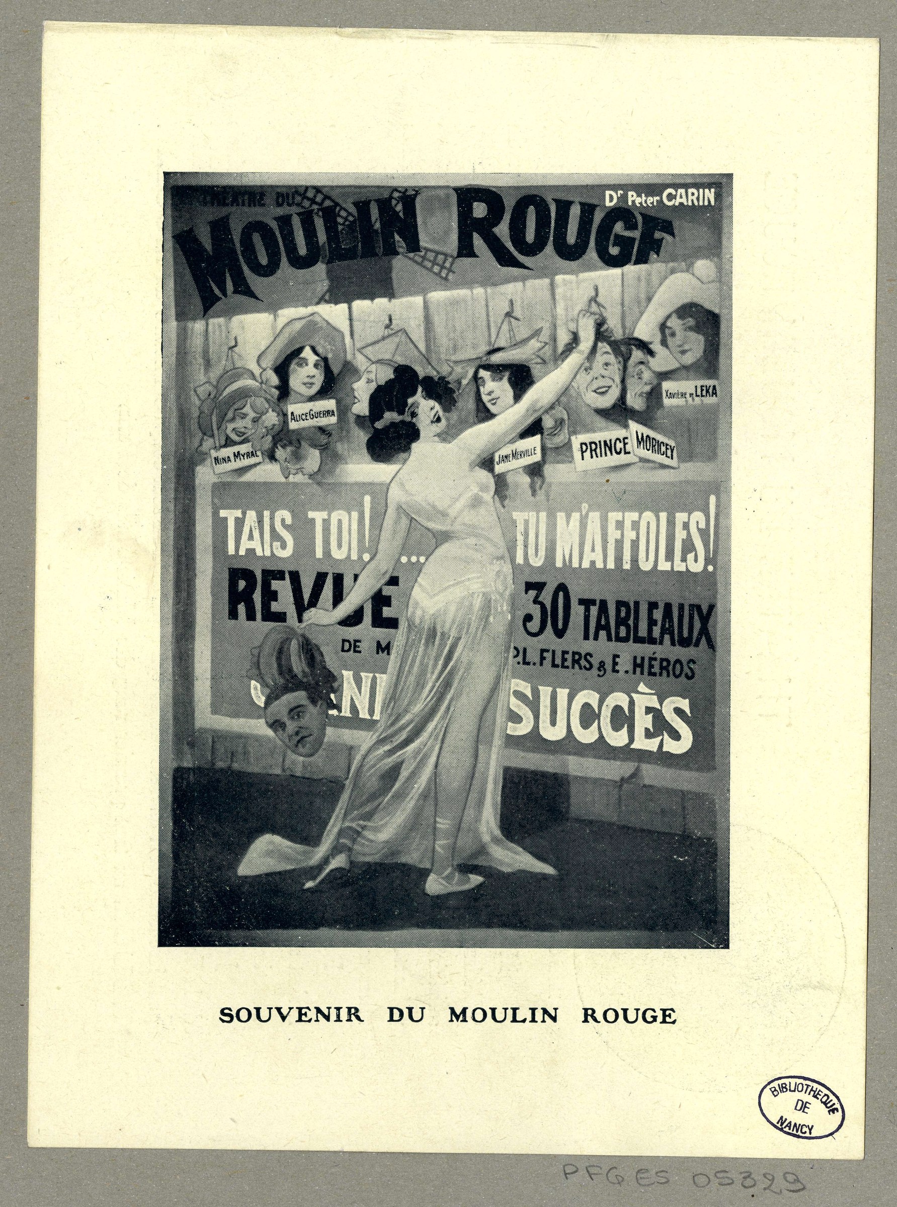 Lithographic poster for the Moulin Rouge cabaret featuring a woman in a white draped gown in a classical ballet pose, with a row of performer portraits behind